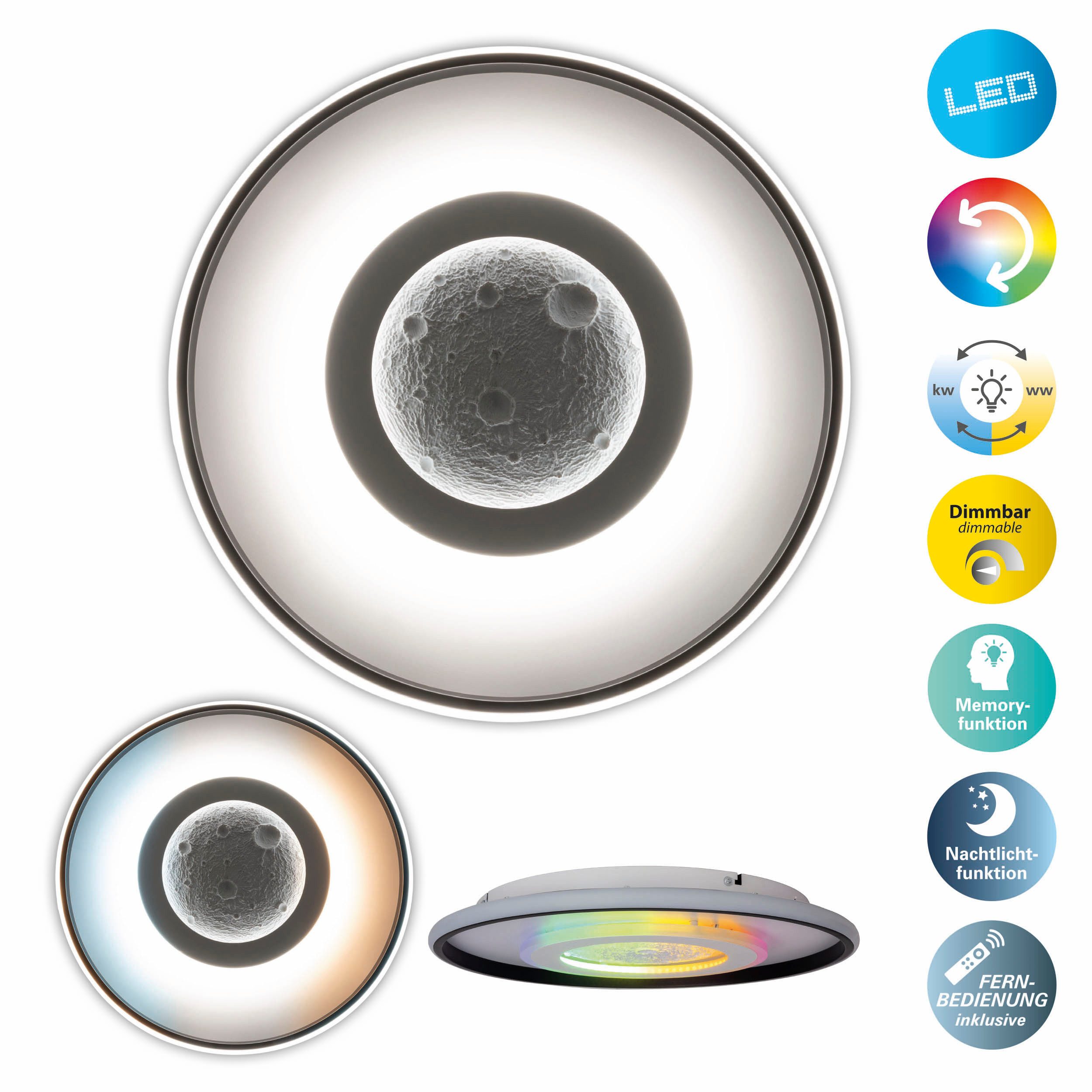 my home LED Deckenleuchte Lyra, CCT - über Fernbedienung, Dimmfunktion, Memoryfunktion, Nachtlichtfunktion, RGB, dimmbar über Fernbedienung, LED fest integriert, warmweiß - kaltweiß, Mond (Mondstruktur), inkl. CCT, RGB Memory, Nachtlicht, Fernbedienung