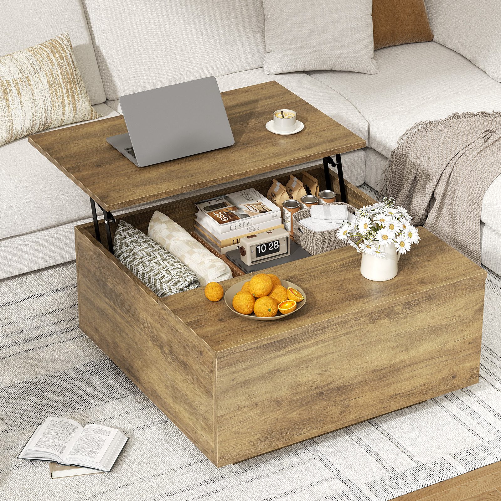 FABATO Couchtisch eckig höhenverstellbar mit verstecktem Staufach Landhaus-Design (1-St), für Wohnzimmer & Home Office