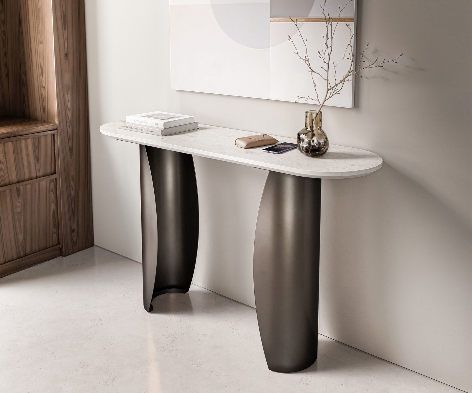DELIFE Beistelltisch Solena, Marmor Weiß 135x40 cm Metall Black Antique