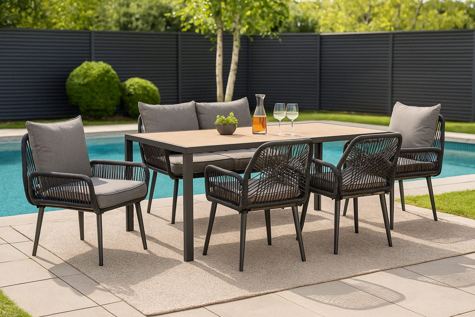 Swing&Harmonie Gartenlounge-Set für 4-6 Personen mit Tisch, Sofa, Stühle, Esstisch, (wetterfest, WPC-Tischplatte, Seilgeflecht Lounge, inkl. Kissen Sienna Garten Sitzgruppe), Outdoor Essgruppe