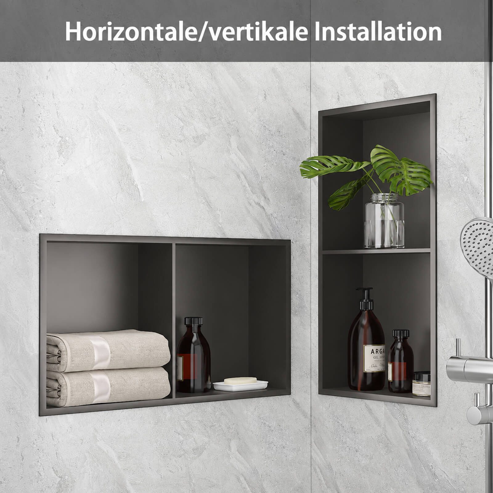 SaniteModar Duschwand Wandnische Dusche aus Edelstahl, Einbaunische für Badezimmer, Edelstahl, (1 tlg), Duschnische 30 × 60 × 10 cm, horizontal & vertikal monti – Bild 3 von 5