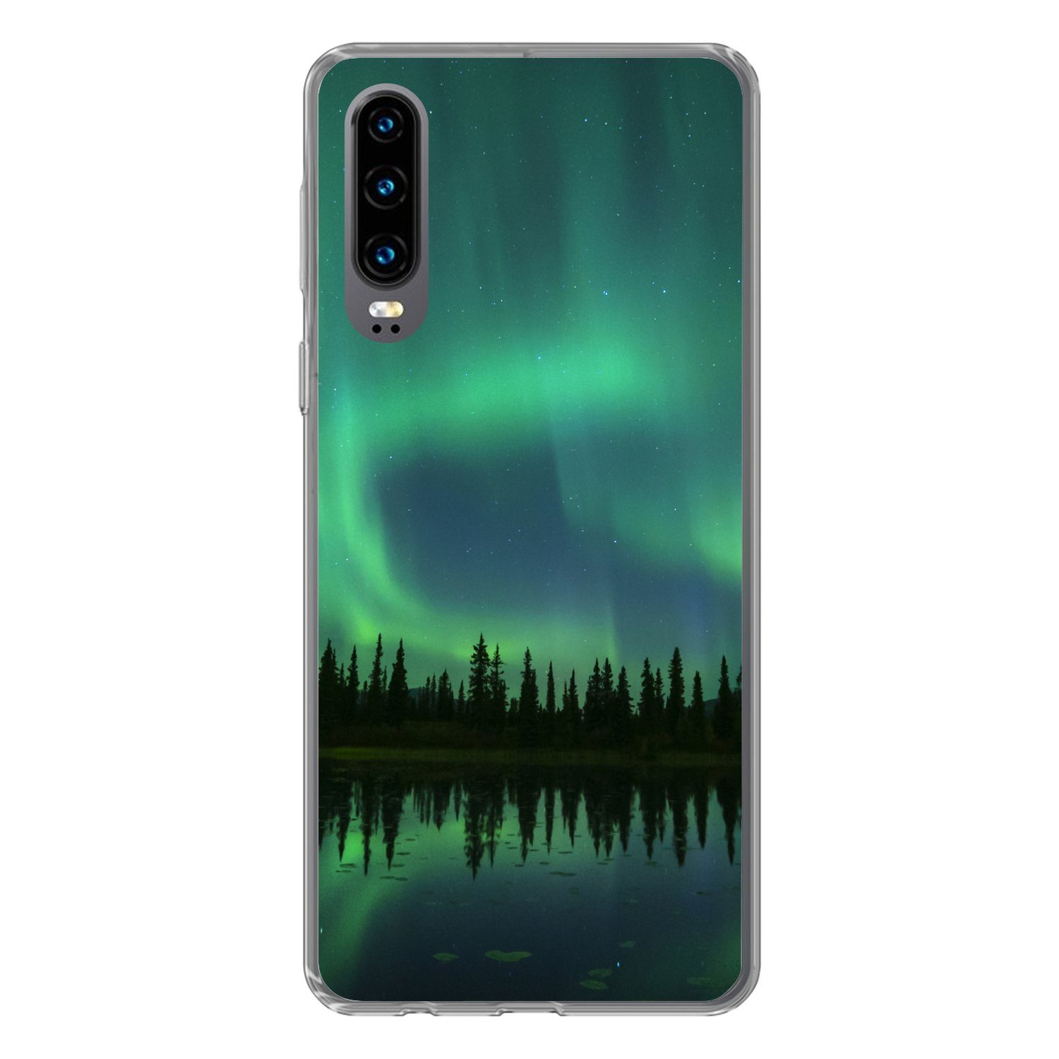 MuchoWow Handyhülle für Huawei P30 Nordlicht - Bäume - Wasser - Alaska, Handy Case, Silikon, Bumper Case Dünn