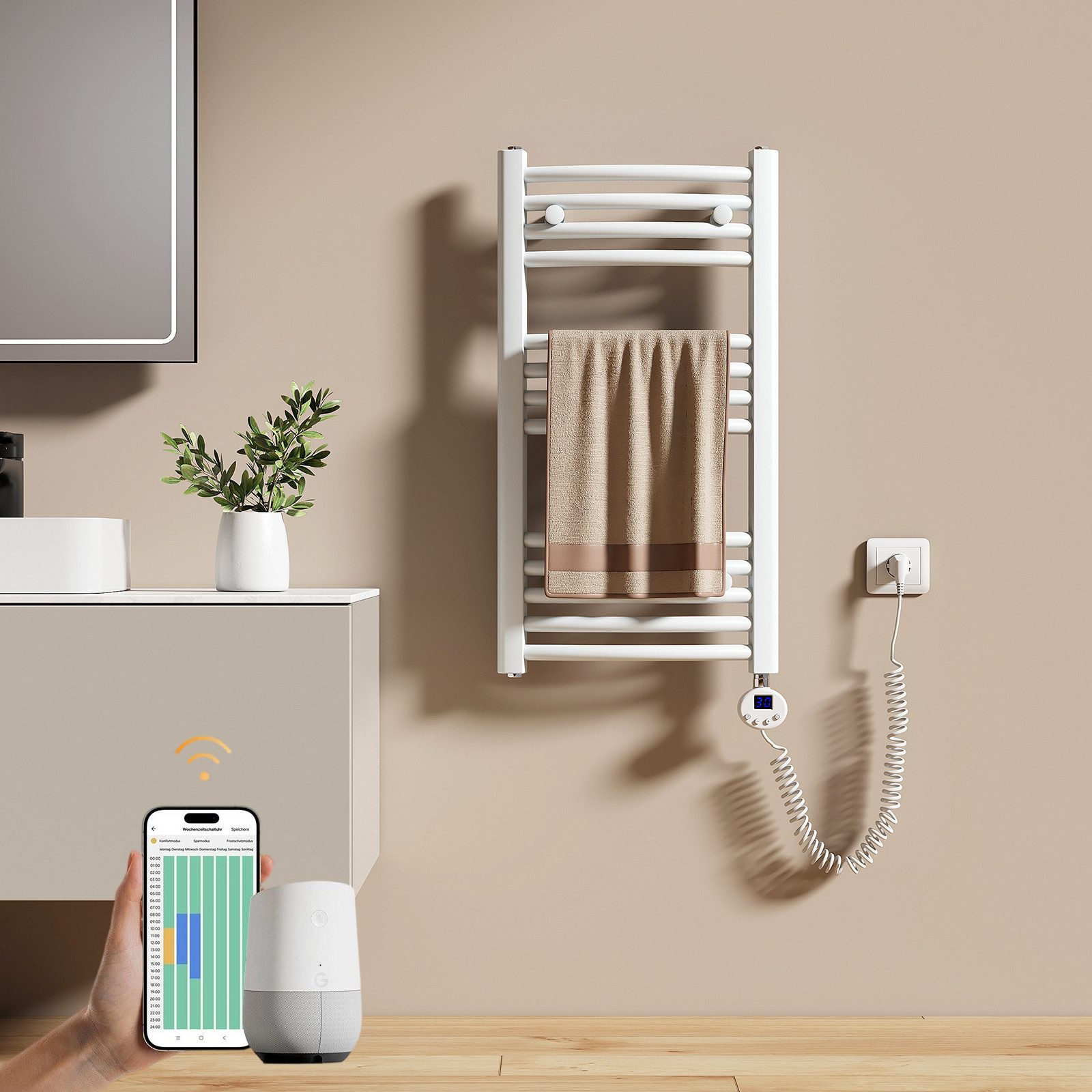 EMKE Elektrischer Badheizkörper Gebogen mit WiFi APP Steuerung Thermostat Höhe: 75cm, 300W, 4 Heizmodi 7-Tage-Timer, Boost & Frostschutz Handtuchwörmer