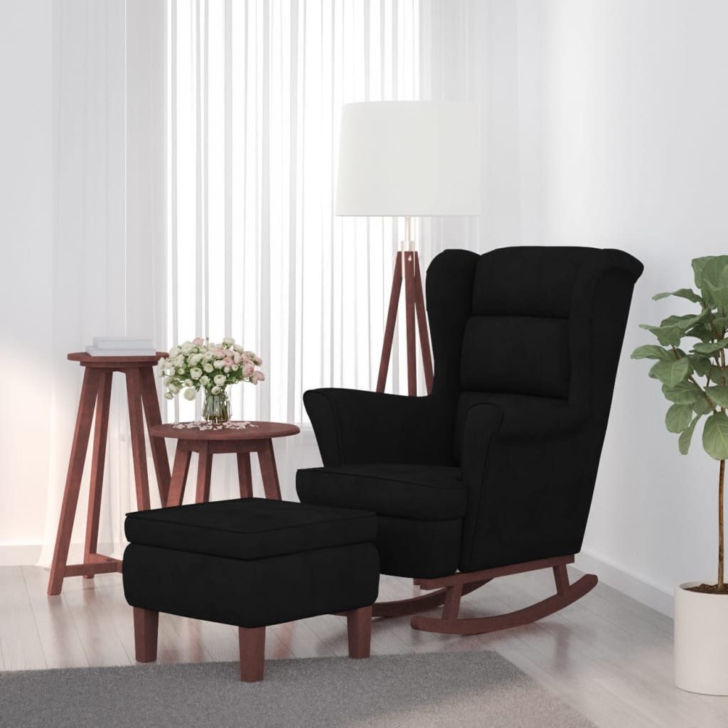 furnicato Schaukelsessel Schaukelstuhl mit Hocker Schwarz Samt 78x93x97 cm Massivholz (1-St), Bequemer Sessel mit Armlehnen und Schaumstoffpolsterung für Wohnzimmer