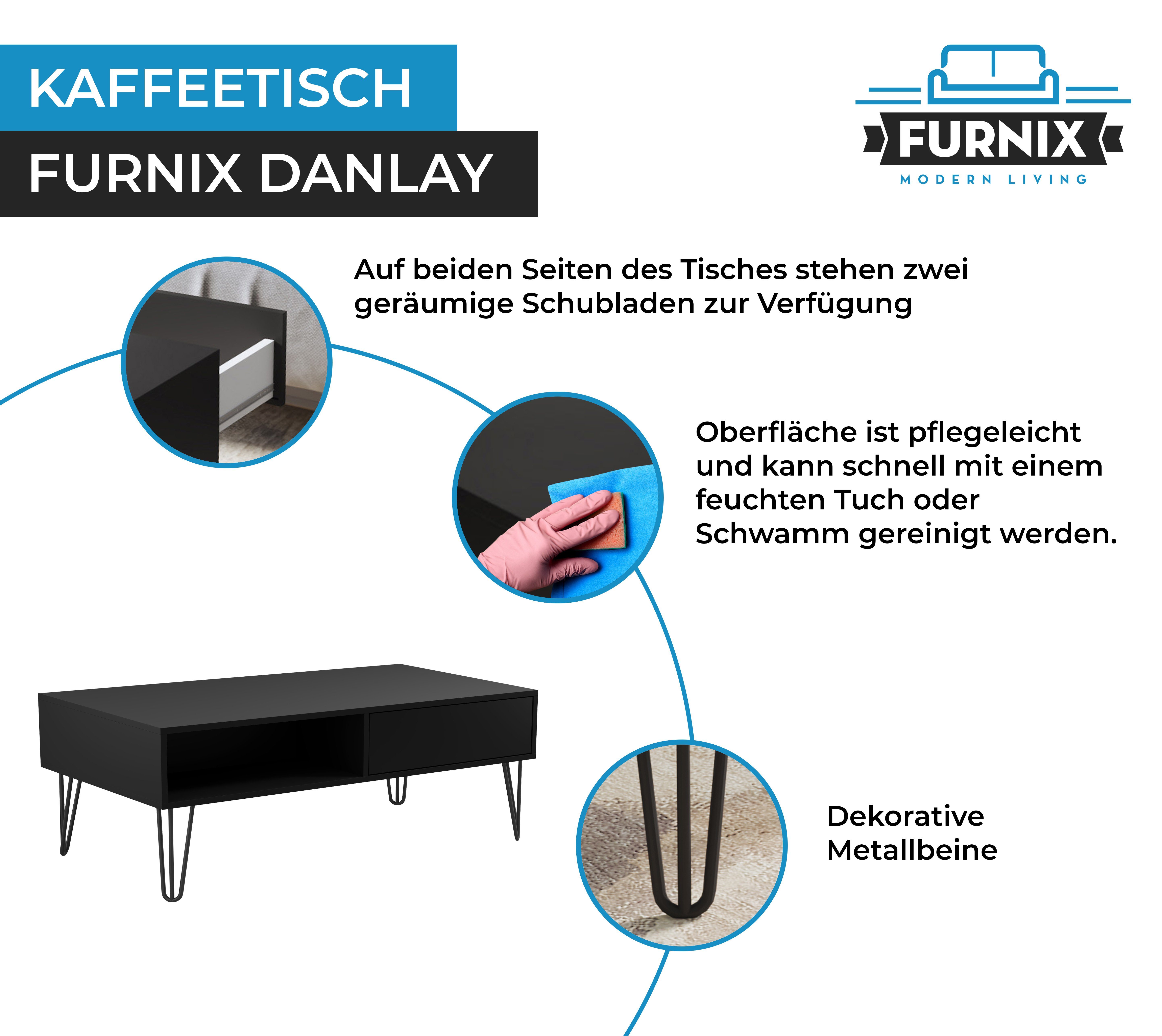 Furnix Couchtisch Farben Schubladen & T67 B120 Kaffeetisch x H45 Weiß, Schwarz x HAIRPIN Metalfüße 4 cm, DANLAY