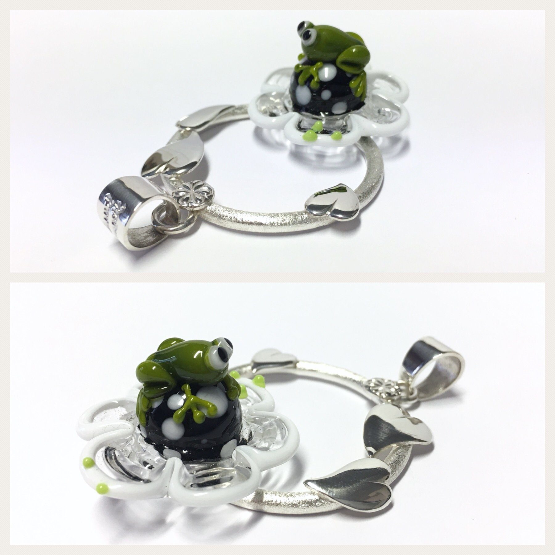 Edelschmiede925 Kettenanhänger Anhänger 925 Silber Glas Frosch auf Blüte - Unikat