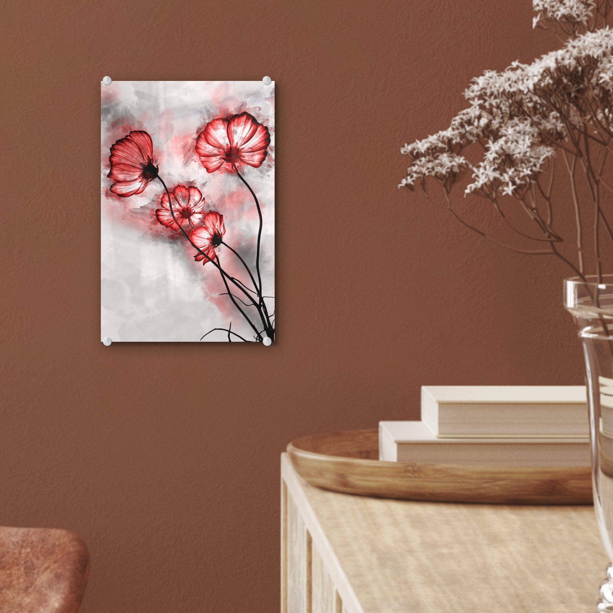 MuchoWow Acrylglasbild Blumen - Aquarell Wanddekoration Foto Rot, Glas (1 - Glasbilder St), Wandbild - Glas auf Bilder - auf 