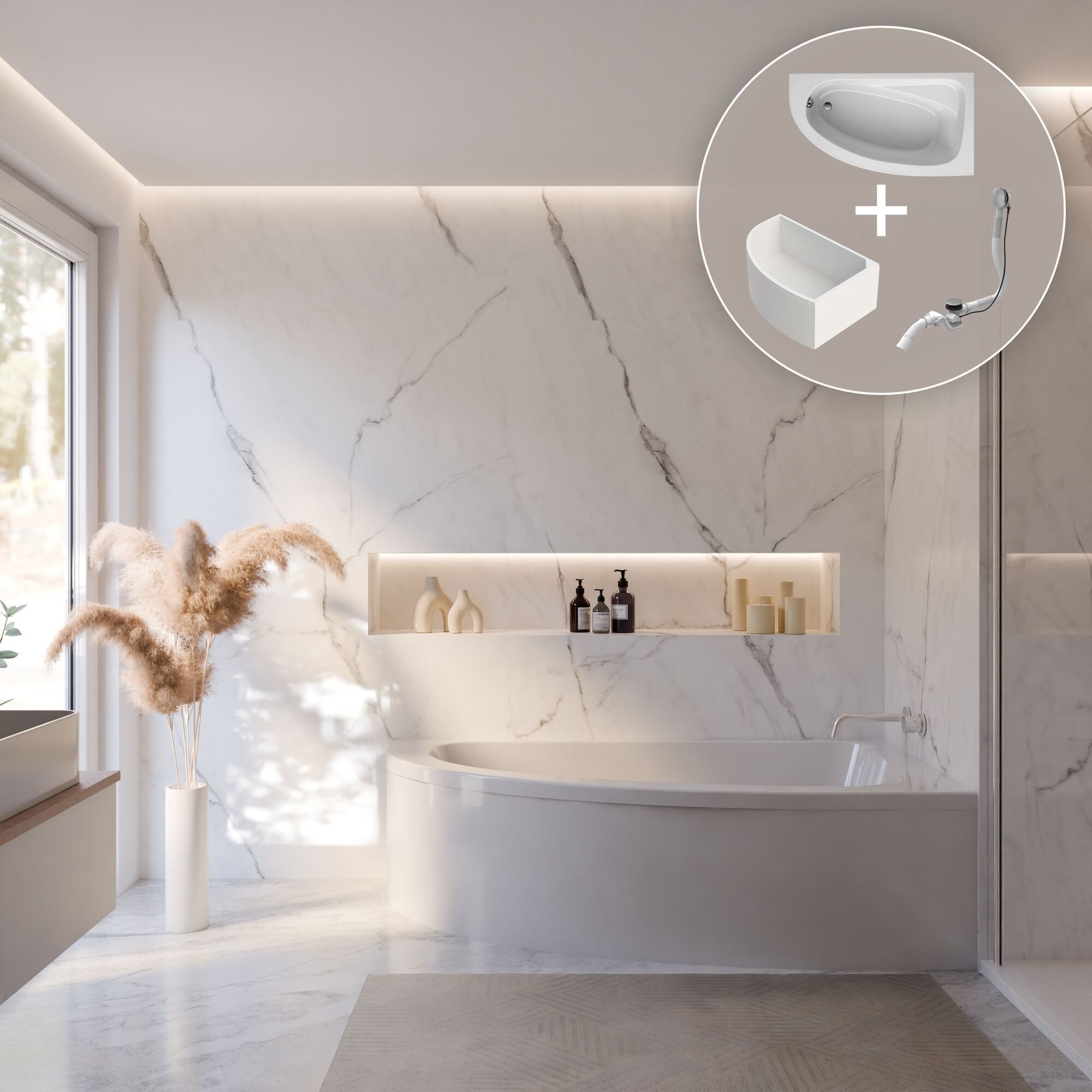 Schulte Badewanne Baia asymmetrisch 160x90 cm, Sanitäracryl Weiß Komplett-Set mit Wannenträger und Ablauf