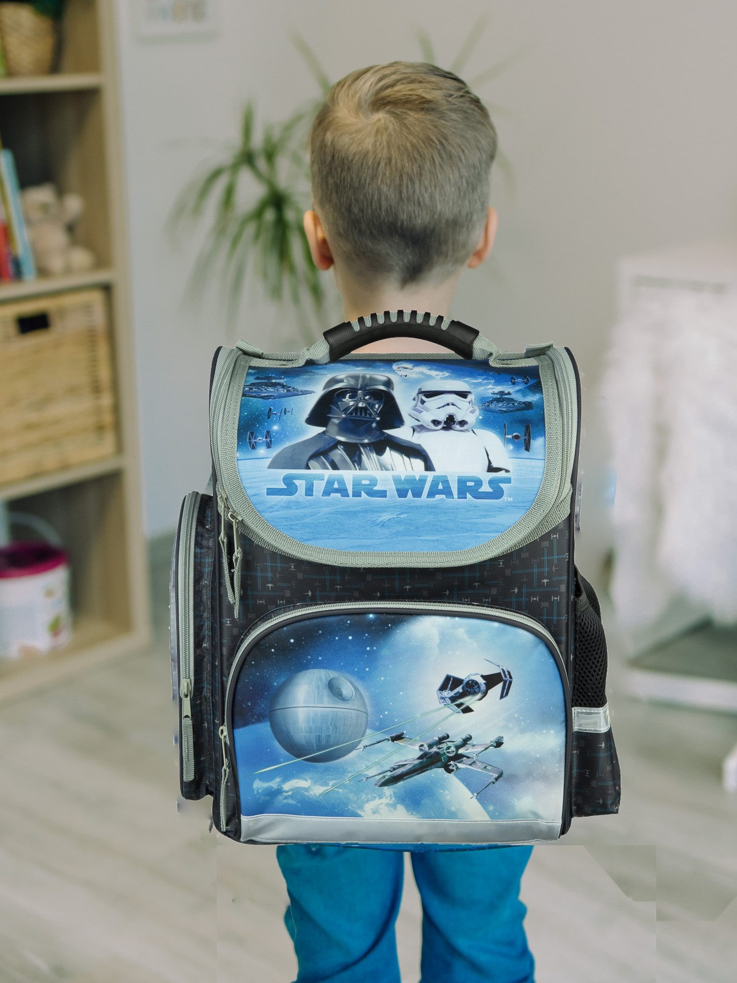Familando Schulranzen Clou Star Wars Schultasche, Darth Vader, blau, ab 1. Klasse (Grundset, 5-tlg., mit Federmappe, Schlamper, Turn- & Geldbeutel), kompakt, mit 2-Wege-Reißverschluss