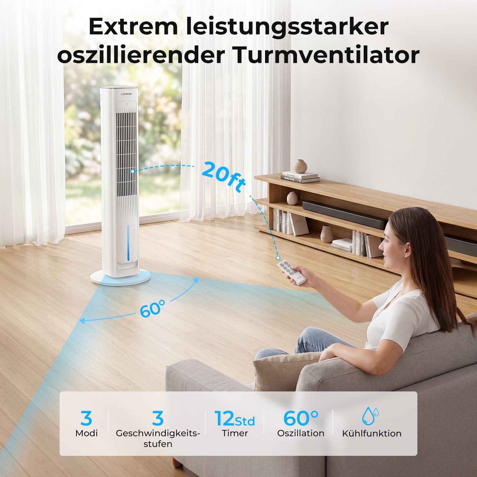 LEENON Turmventilator mit Wasserkühlung,Befeuchter&Aroma-Diffusor,leise,60° Oszillation, Luftkühler mit Timer & Fernbedienung,LED-Display,weiß,3 Lüftungs-Modi