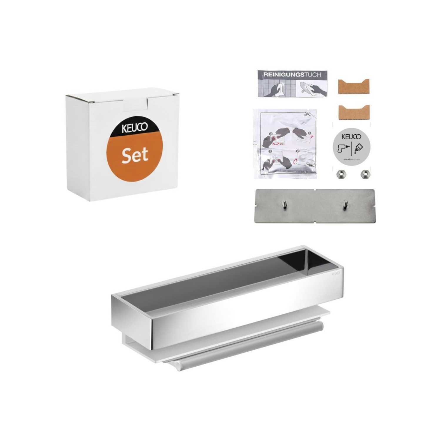 Keuco Duschablage Edition 11 inkl. Klebeset und Glasabzieher, Set, Metall, 30 cm, verchromt, Wandmontage, zum Kleben oder Schrauben