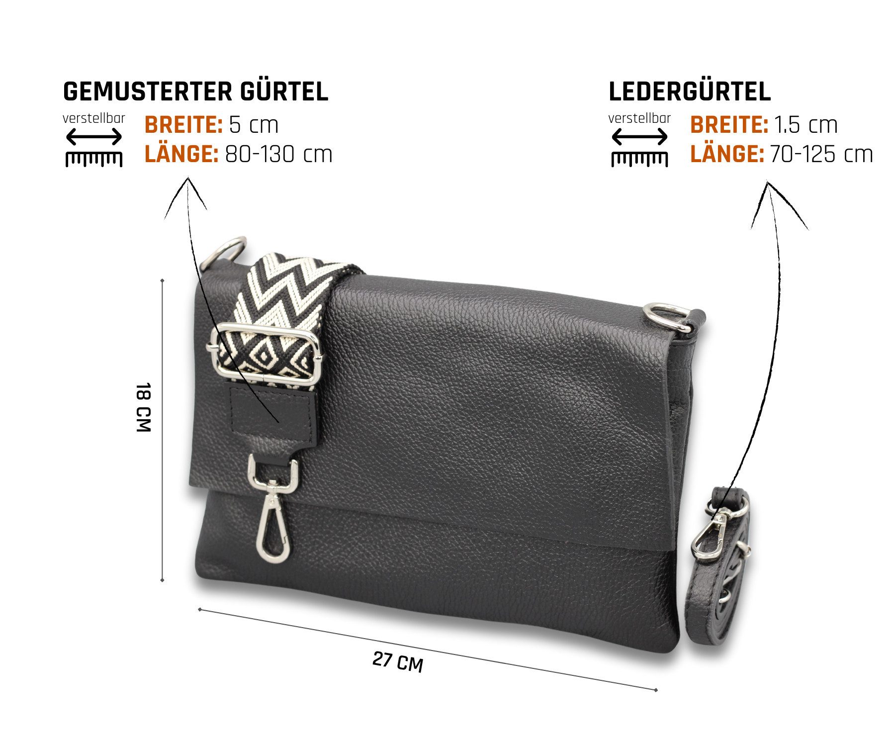 Adel Bags Schultertasche CALI Schlanke Tasche mit 3 Fächer, Slim Crossbody Bag Echtes Leder