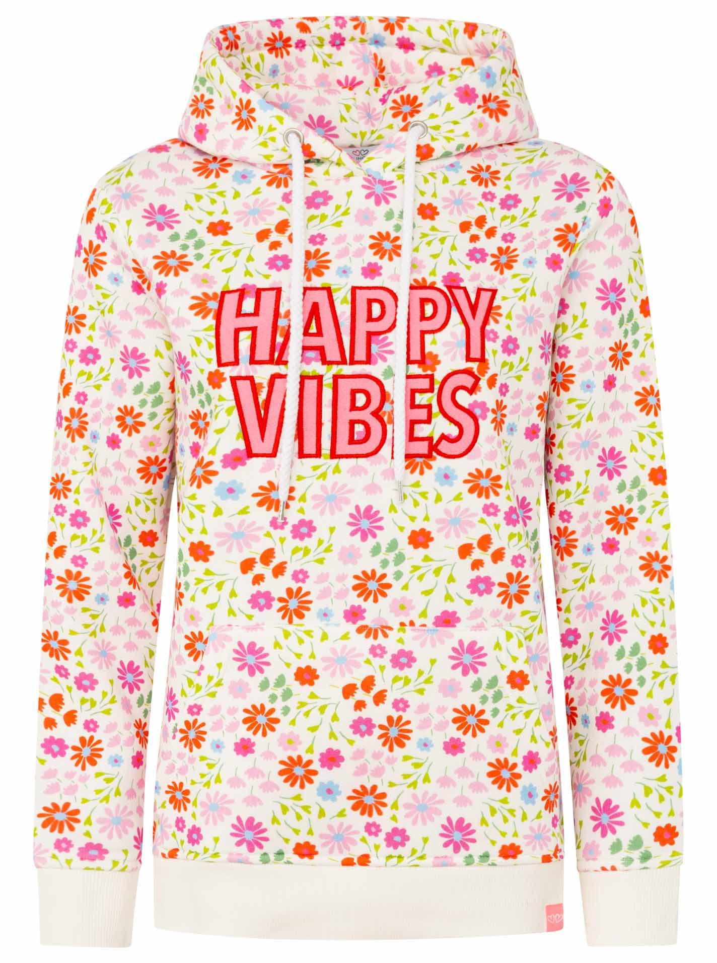Zwillingsherz Hoodie "AOP Flower Happy Vibes" All-Over-Print, gestickter Schriftzug, Kapuze, elastische Bündchen