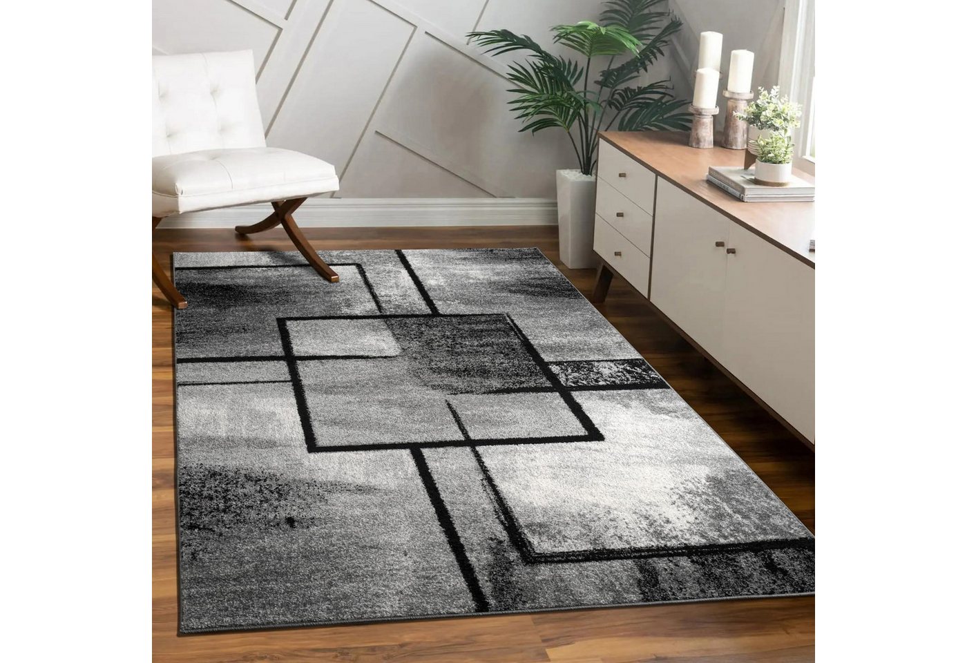 KADIMA DESIGN Teppich Geometrisches Quadratmuster Wohnzimmer Teppich Kurzflor, Läufer, Höhe: 14 mm, Florhöhe: 10 mm, 100% Polypropylen, Läufer, 80x150cm, Dunkelgrau
