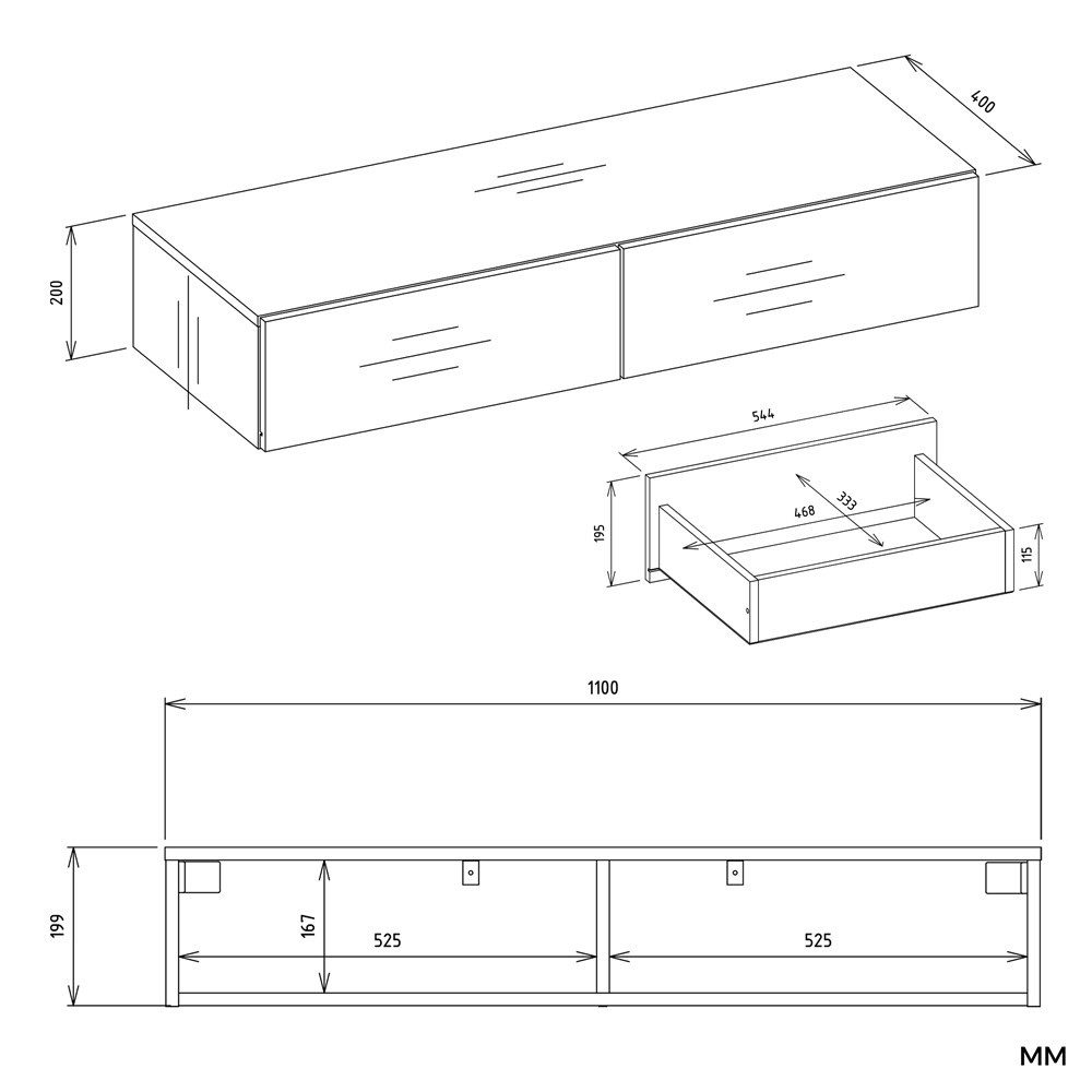 ibonto Wandhängeschrank Schminktisch hängend 110 cm mit 2 Schubladen, ohne Spiegel – Bild 5 von 5