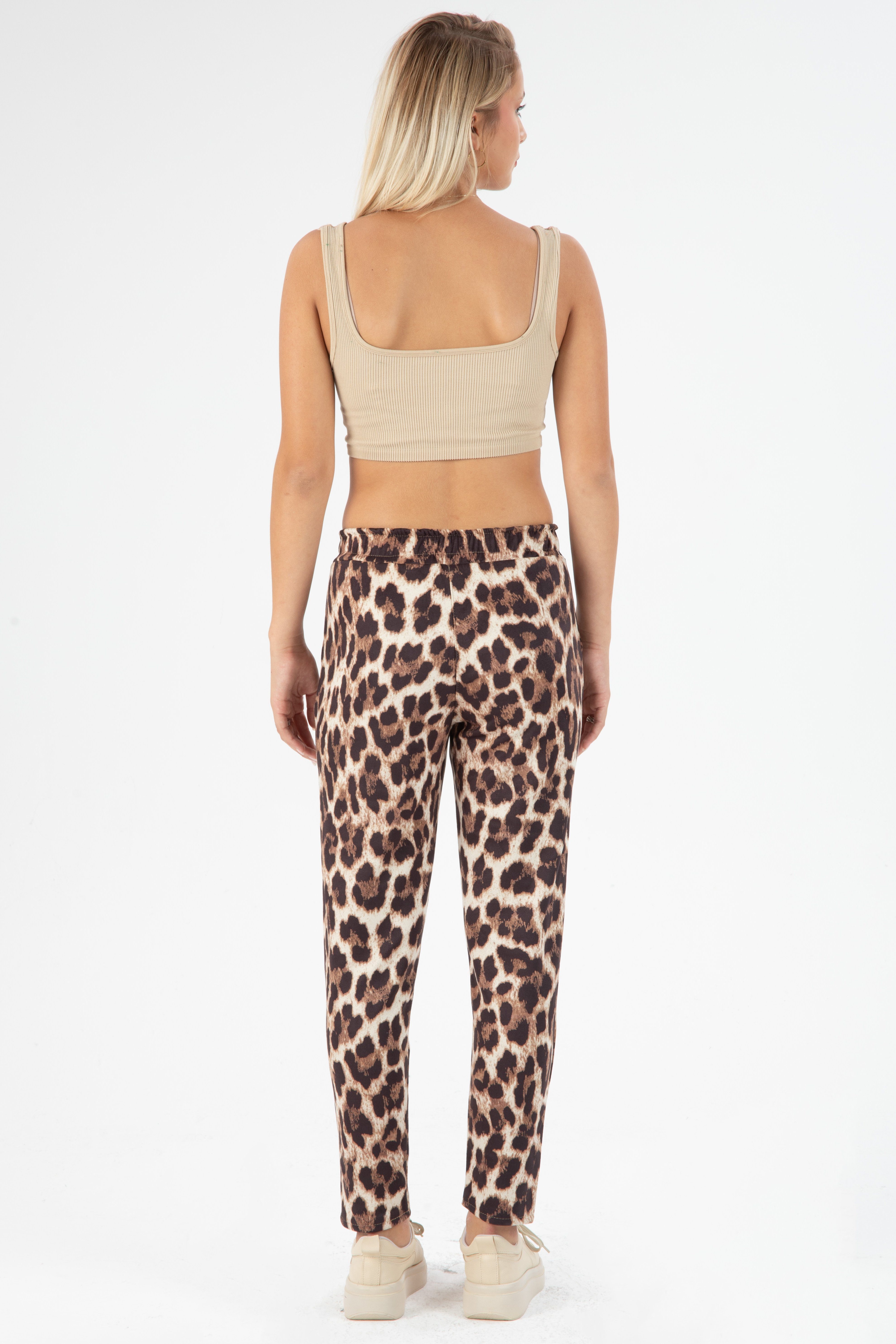 Kendindza Collection Jogger Pants Women's Leo Print Trousers Elegant Leopard Print Fabric Trousers Stretch Animal Print Elastic Waistband