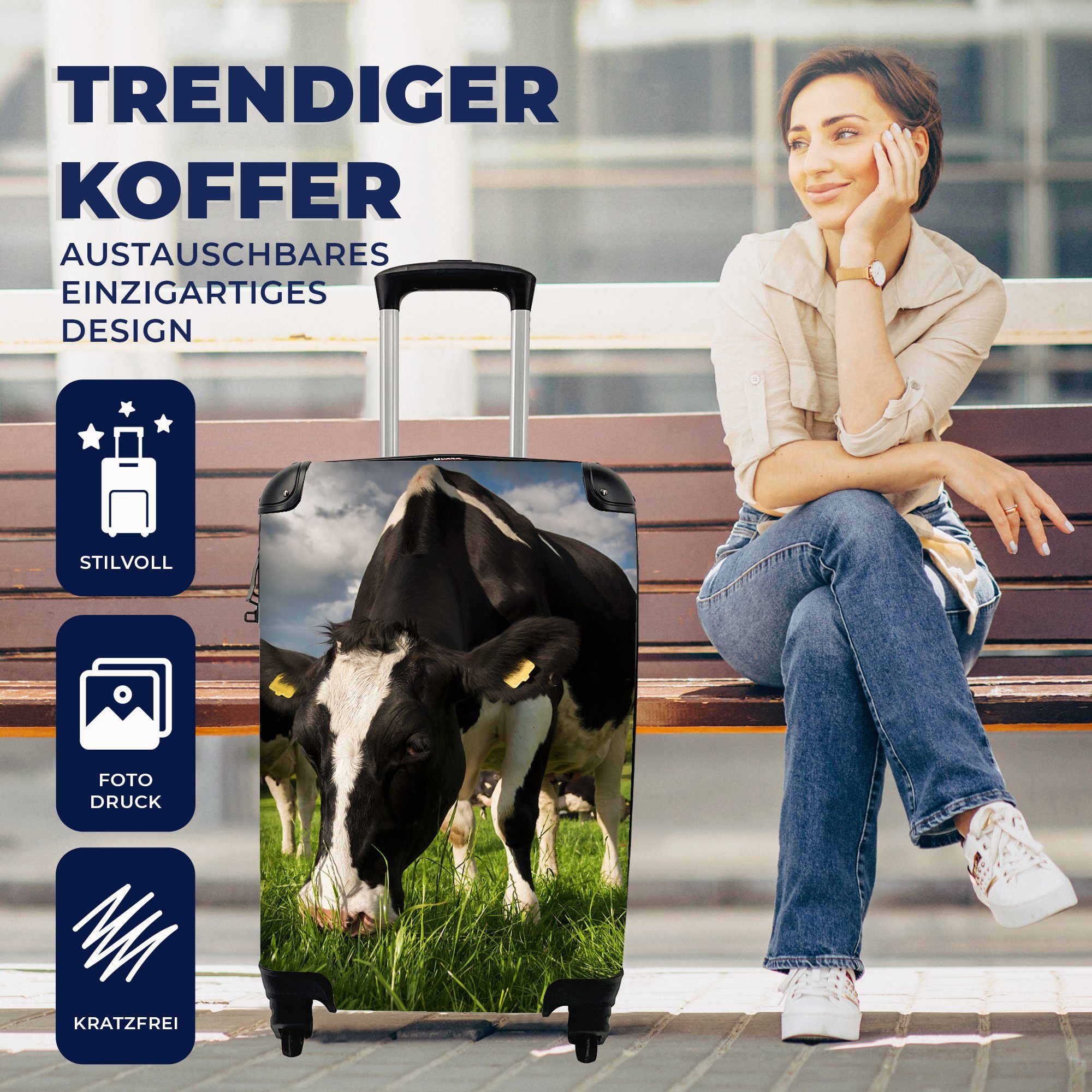Bauernhof, Trolley, für Reisetasche Handgepäck - Wiese 4 MuchoWow Tiere mit Reisekoffer - Handgepäckkoffer Ferien, Rollen, - Gras rollen, - Kühe