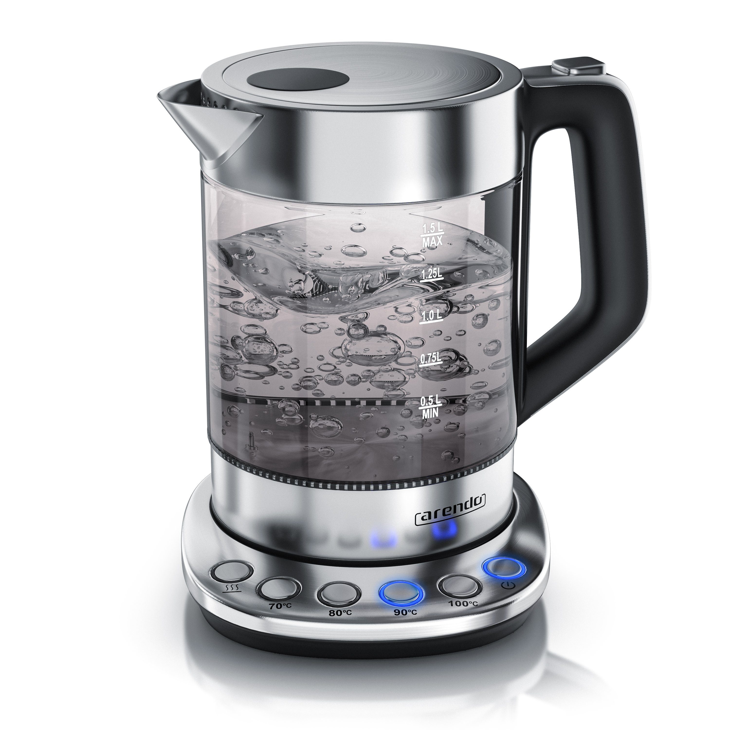 Arendo Wasserkocher aus Glas & Edelstahl, Temperatureinstellung, Basisstation, Rauchglas, 1,5 l, 2200 W, Temperatureinstellung 70° - 100° C, Warmhaltefunktion, Borosilikatglas