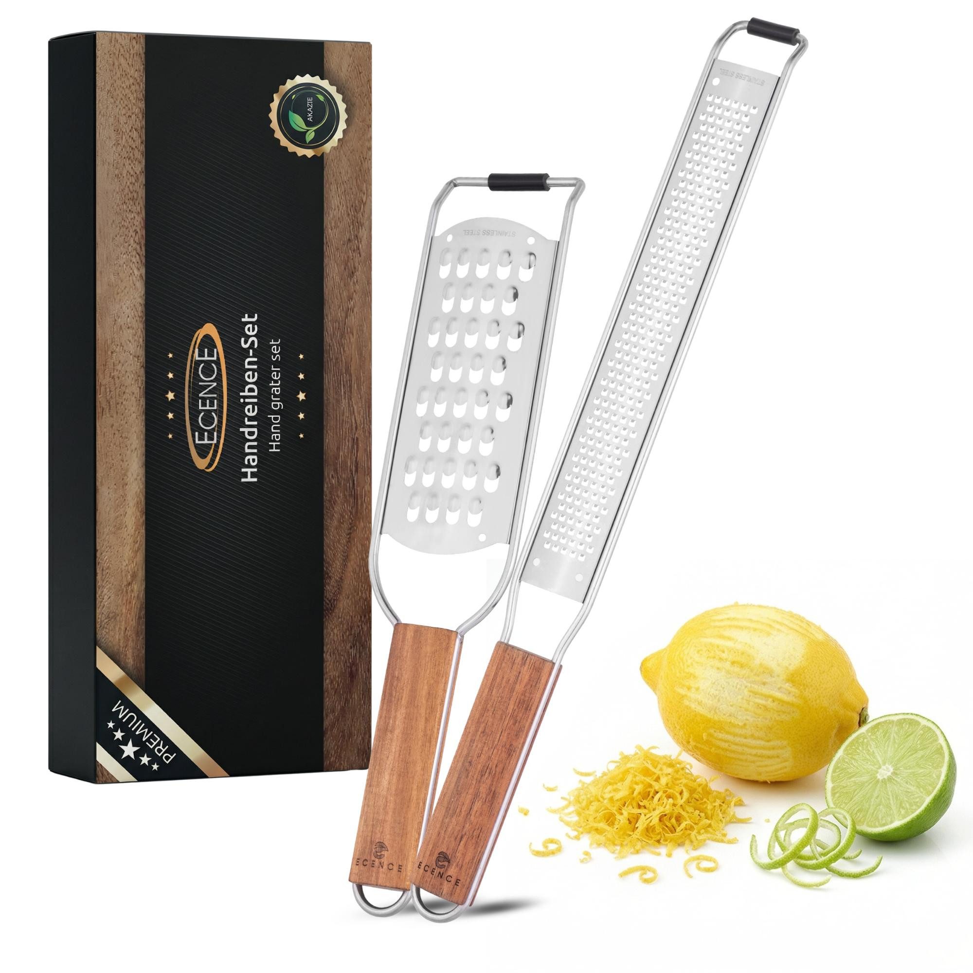 ECENCE Käsereibe Küchenreiben Set 2-teilig Edelstahl mit Akazienholzgriff, fein & grob