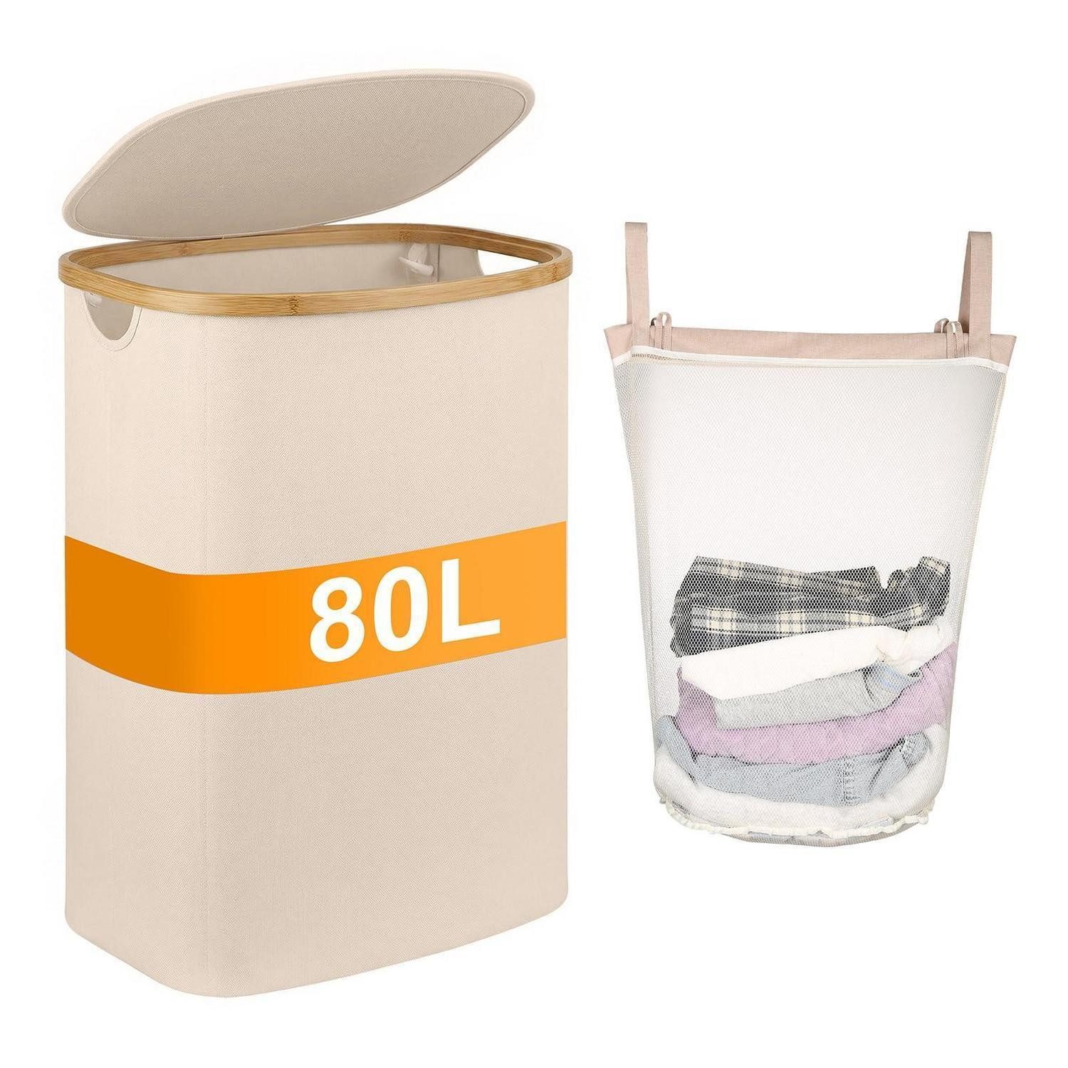 LuxusKollektion Wäschekorb Wäschekorb Bambus Deckel Wäschetonne Wäschebox Bad Hellbeige 80L