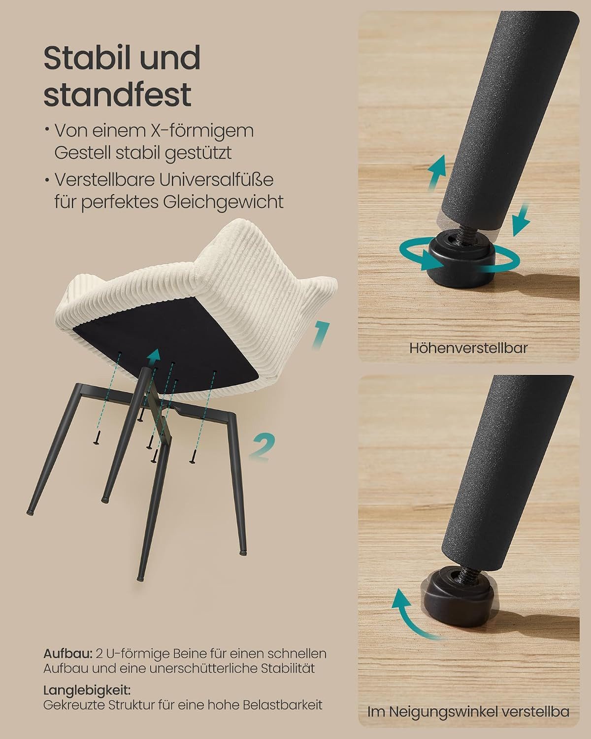 SONGMICS Esszimmerstuhl Küchenstuhl aus Samt, Polsterstuhl mit Armlehnen, Loungesessel (2 St), Polsterstuhl mit Metallbeine, Samt, für Schminktisch, 2er Set – Bild 4 von 5