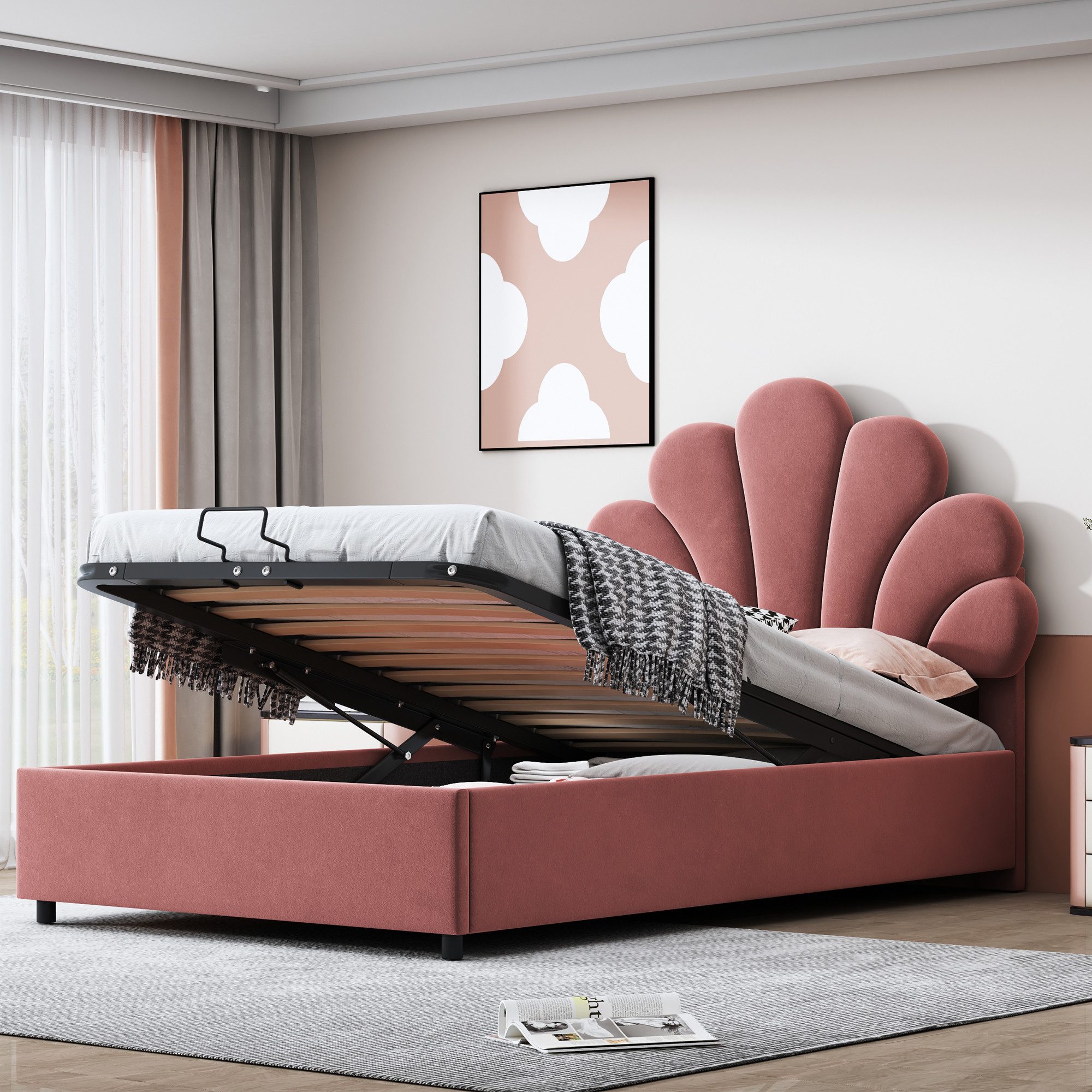 REDOM Polsterbett Kinderbett Stauraumbett Funktionsbett Doppelbett (mit Stauraum, höhenverstellbares florales Kopfteil, Samtstoff, für Jugend- und Kinderzimmer, 90X200 cm), Ohne Matratze