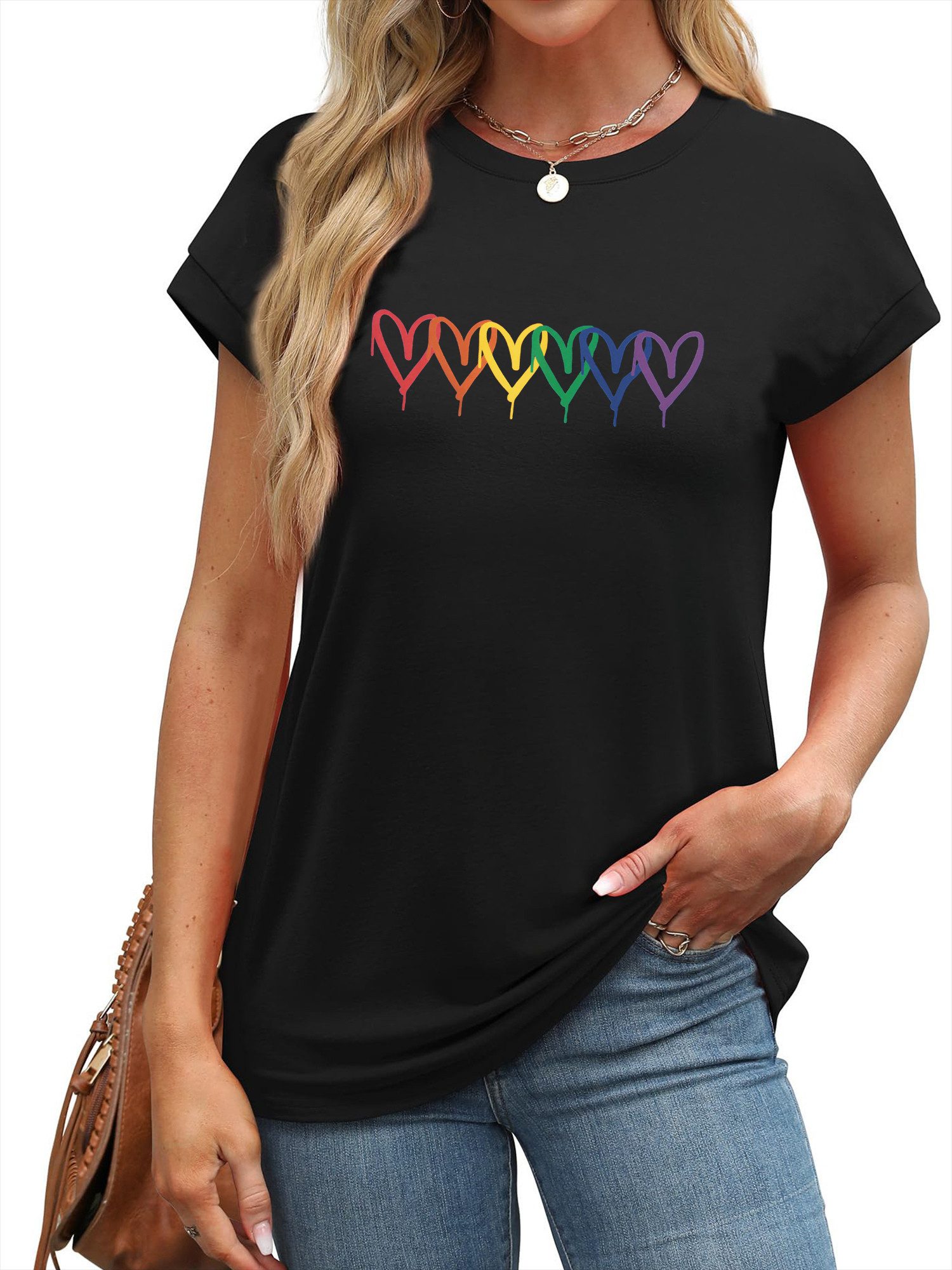 PYLIKE Kurzarmshirt Damen Casual Achselhemd mit Liebe Druck bequemes Rundhalsshirt Modische Outfits Business Strand Urlaub Blusen Kleidung