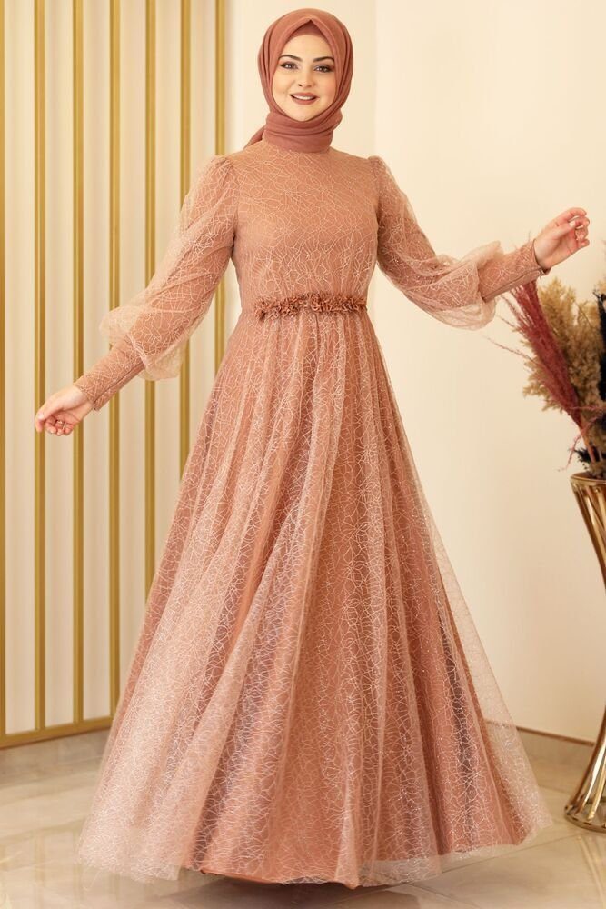 fashionshowcase Abendkleid silbriges Tüllkleid Abiye Abaya Hijab Kleid Maxikleid (SIMLI GAMZE) (ohne Hijab) Hoher Kragen, kein Ausschnitt.