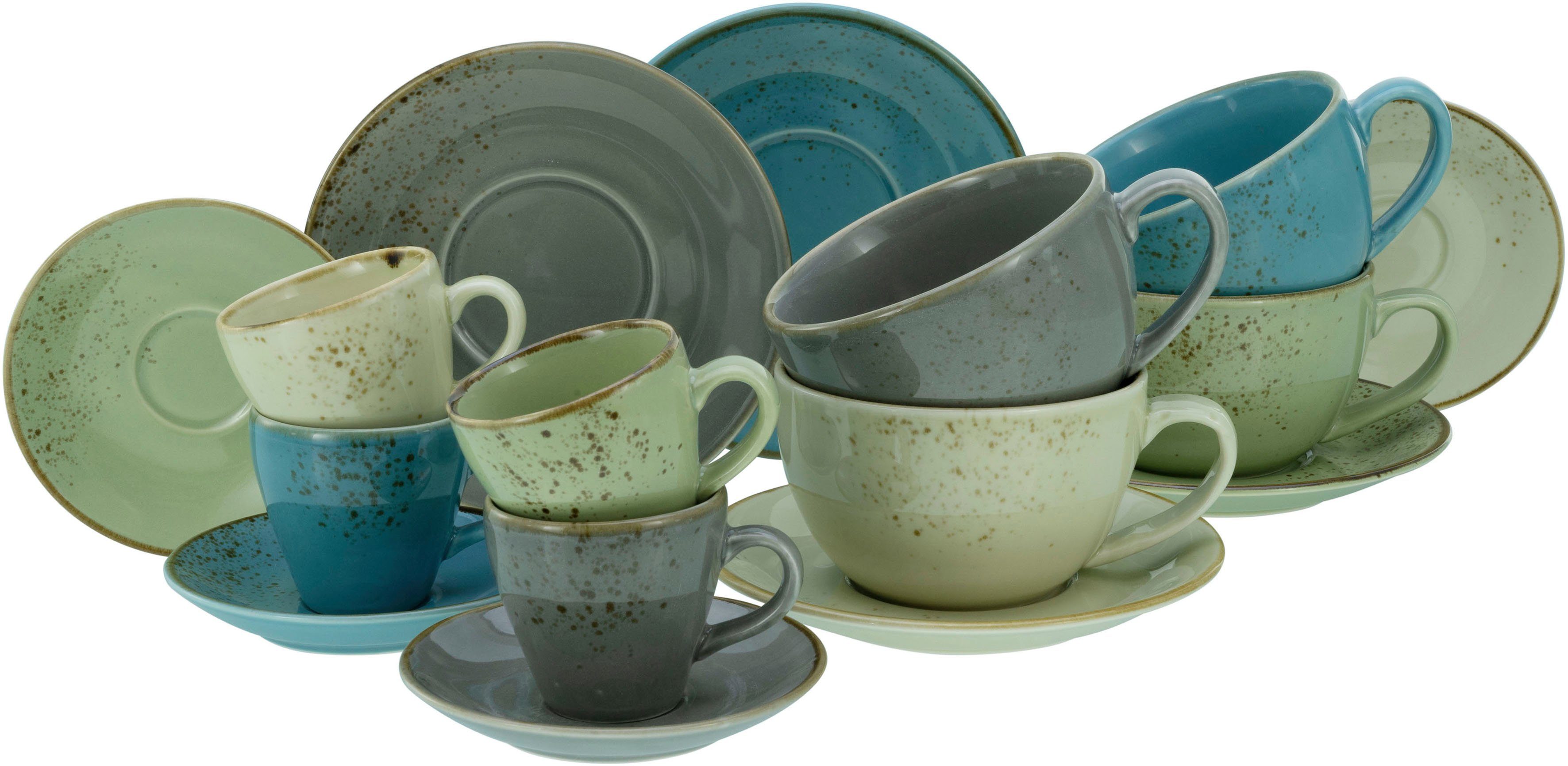 CreaTable Tasse Tassen Set NATURE COLLECTION, Steinzeug, Bistrotassen, 4 Cappuccinotassen, 4 Espressotassen, je mit Untertassen