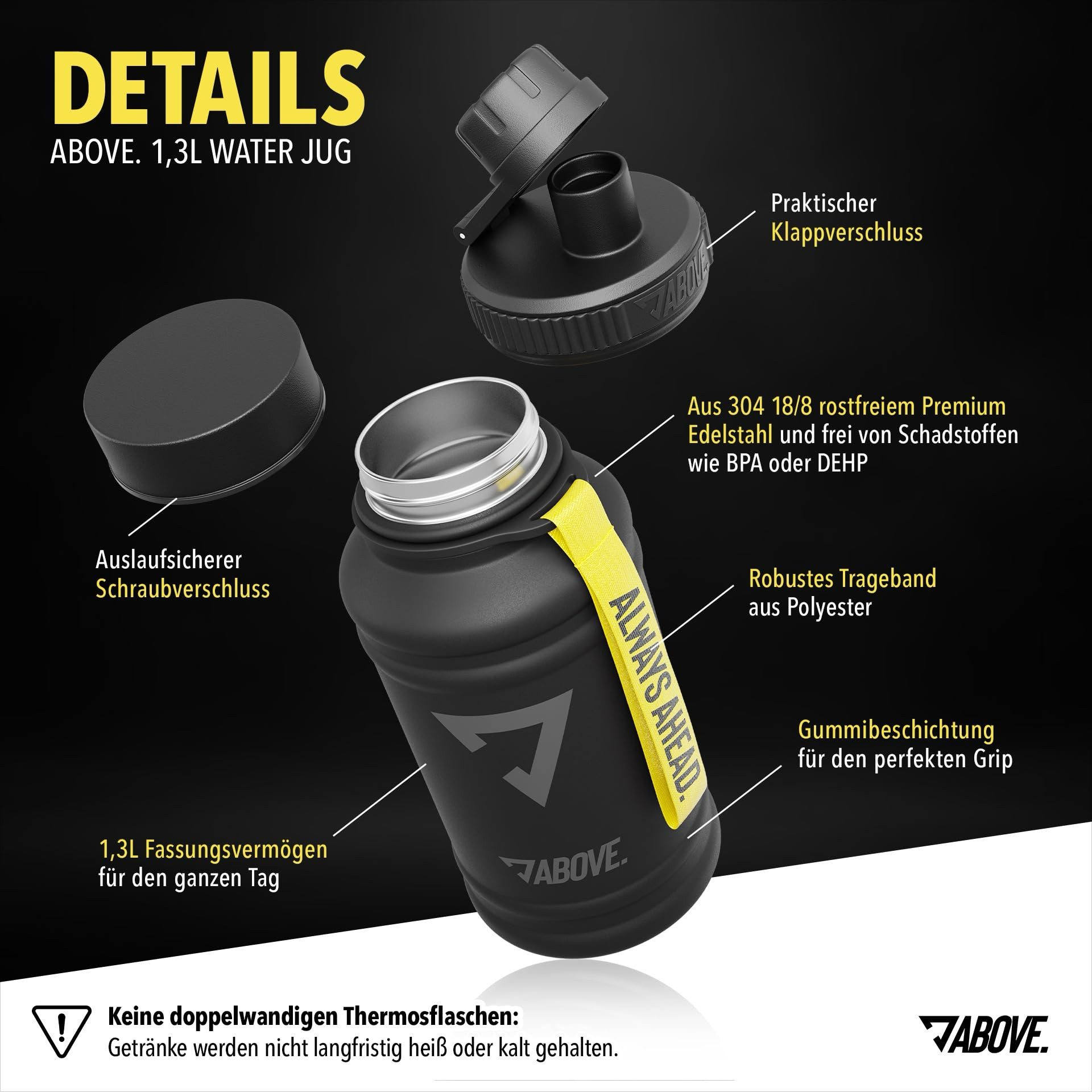 ABOVE. Trinkflasche Edelstahl 1.3L – BPA-frei, Auslaufsicher & Robust, mit Extra Trinkverschluss für Sport, Fitness & Outdoor
