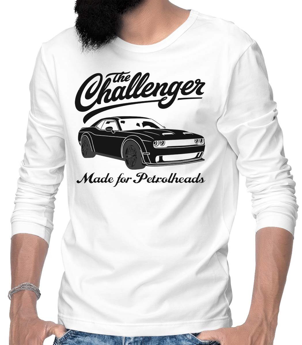 Rebel On Wheels Longsleeve Herren Langarm T-Shirt The Challenger mit Auto / US-Car Motiv Weiß