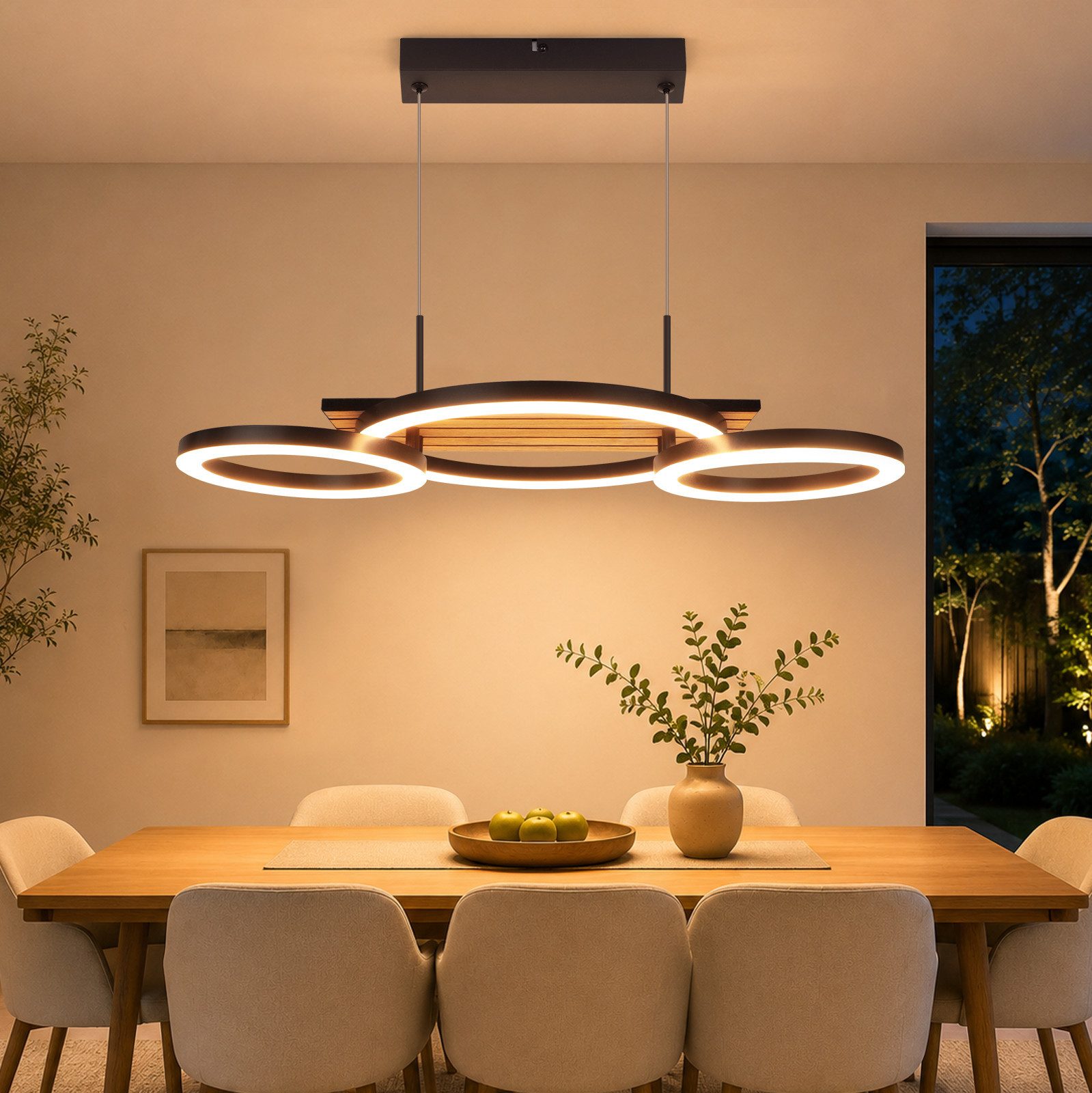 Nettlife LED Pendelleuchte Esstisch Modern Hängelampe Holzoptik Schwarz Metall 21/32W, LED fest integriert, 3000K Warmweiß für Esstisch Wohnzimmer Küche 58*30*110cm