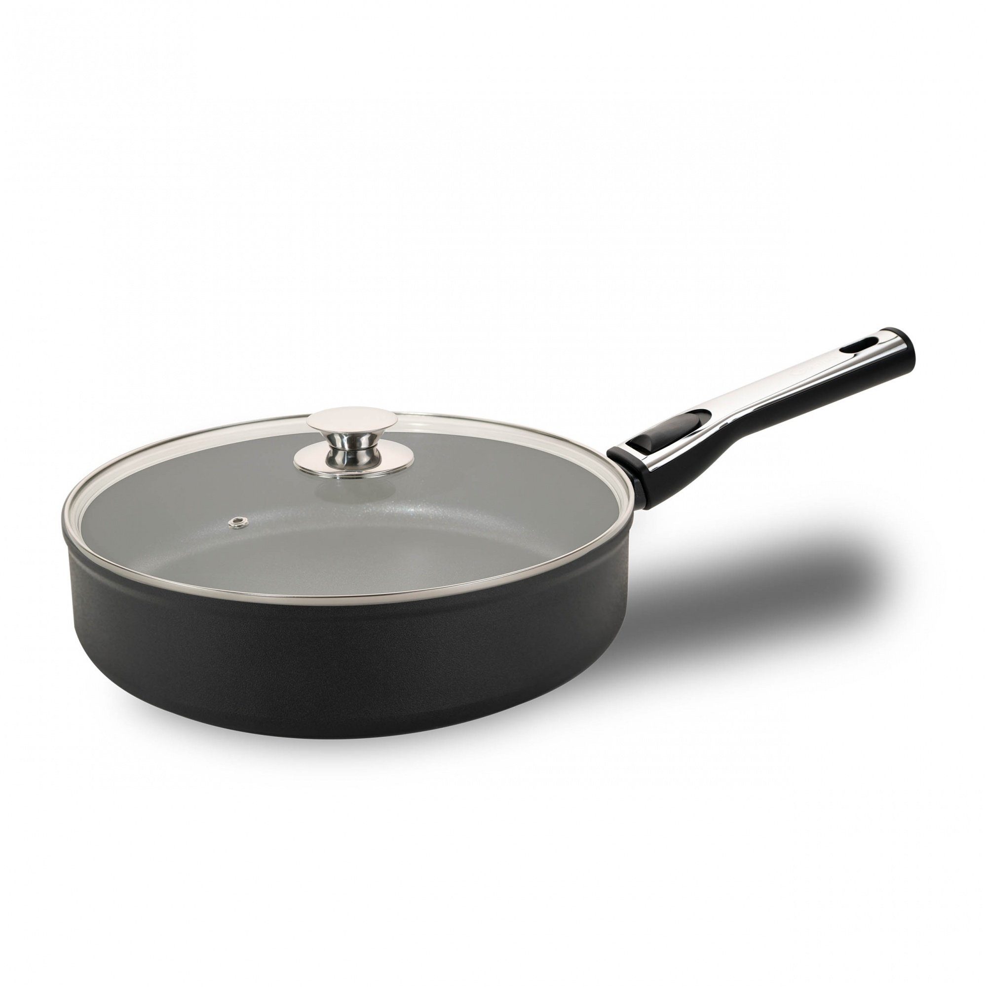 Genius Bratpfanne Cerafit Plasma Schmorpfanne 28 cm, Aluminium, Glas, Bakelit (1 x Schmor-Pfanne mit abnehmbarem Griff (28 cm) 1 x Design-Glasdeckel)