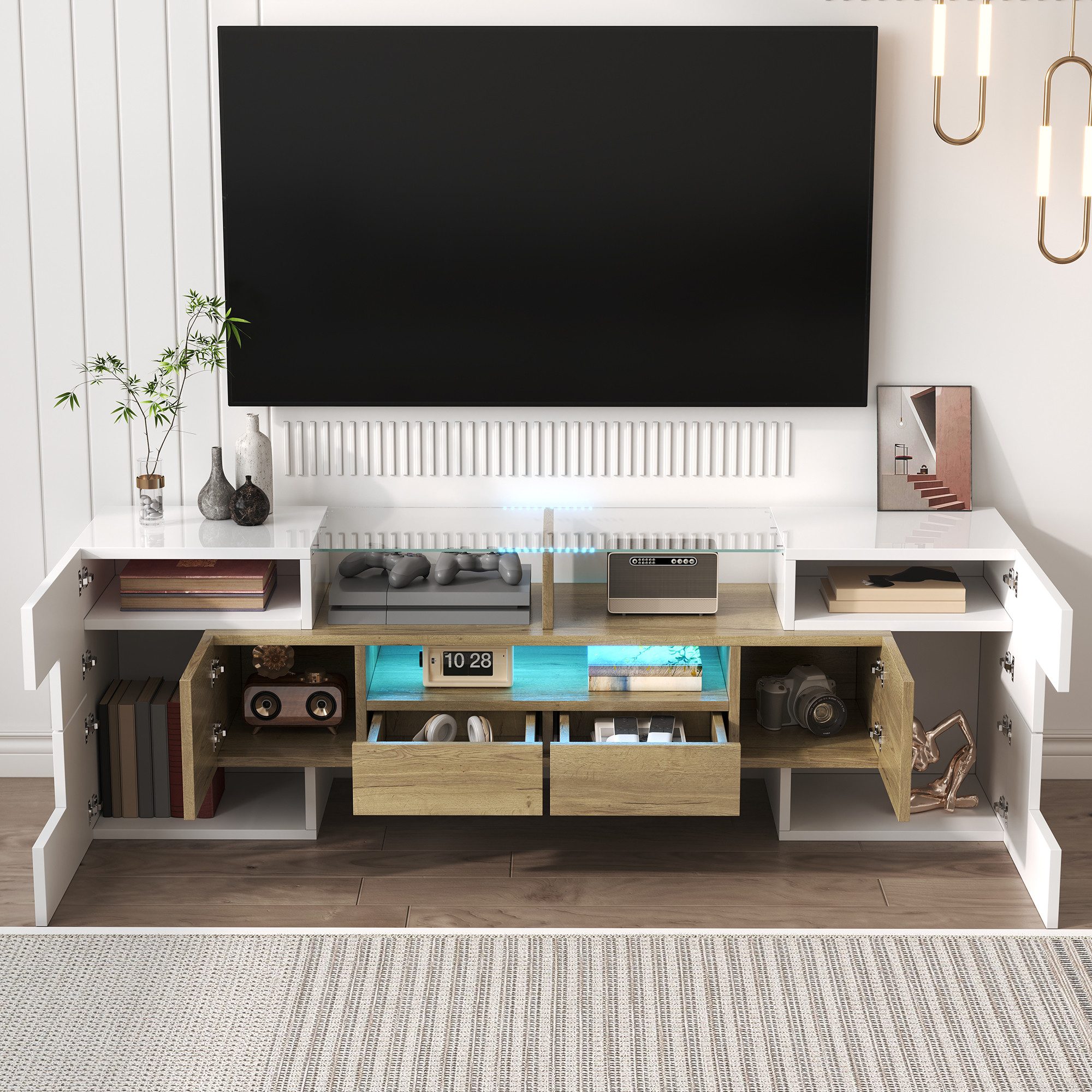 Merax TV-Schrank Hochglanz (1-St) Lowboard mit LED und Stauraum, Fernsehtisch, TV-Ständer, Breit: 145 cm – Bild 4 von 5