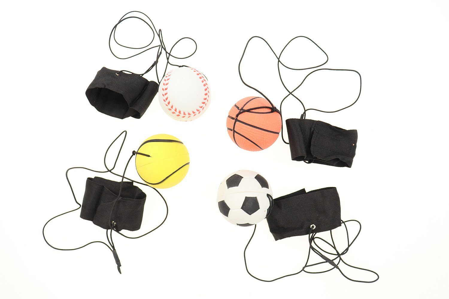 ELLUG Spielball Springball/Returnball/Flummi Ø Armband&Schnur, 4er Fußball/Basketball/Tennisball/Baseball 6cm Set