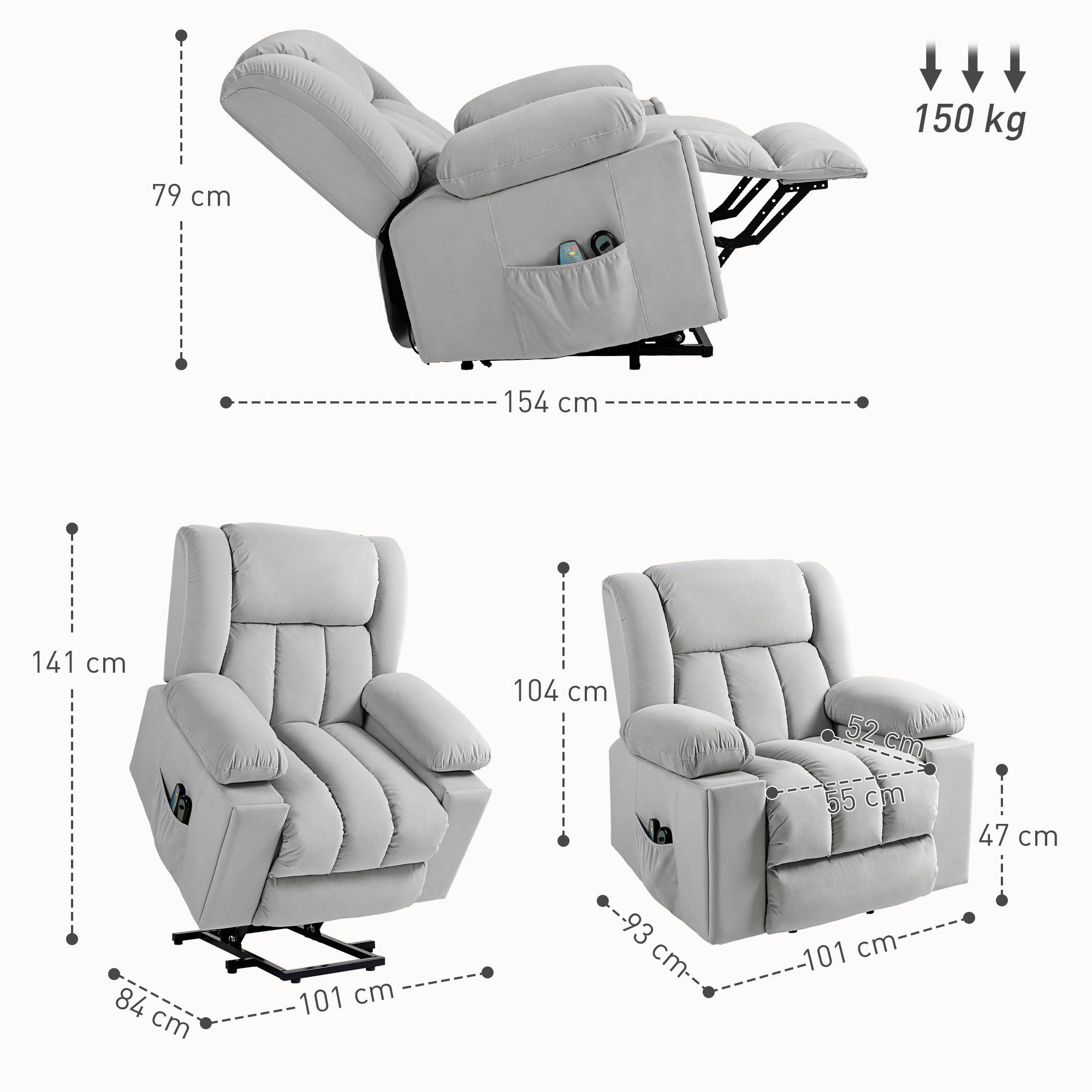 HOMCOM Massagesessel Elektrisch Relaxsessel mit Liege-, Wärme-, Massagefunktion (Fernsehsessel mit Aufstehhilfe, 1-St., TV-Sessel), mit Becherhalter, Stautraum, USB-Anschlüssen und Fernbedienung
