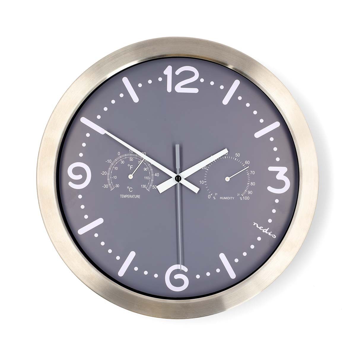 Nedis Wanduhr CLWA5226SS (Thermometer, Hygrometer, leise Bewegung für angenehme Raumatmosphäre)