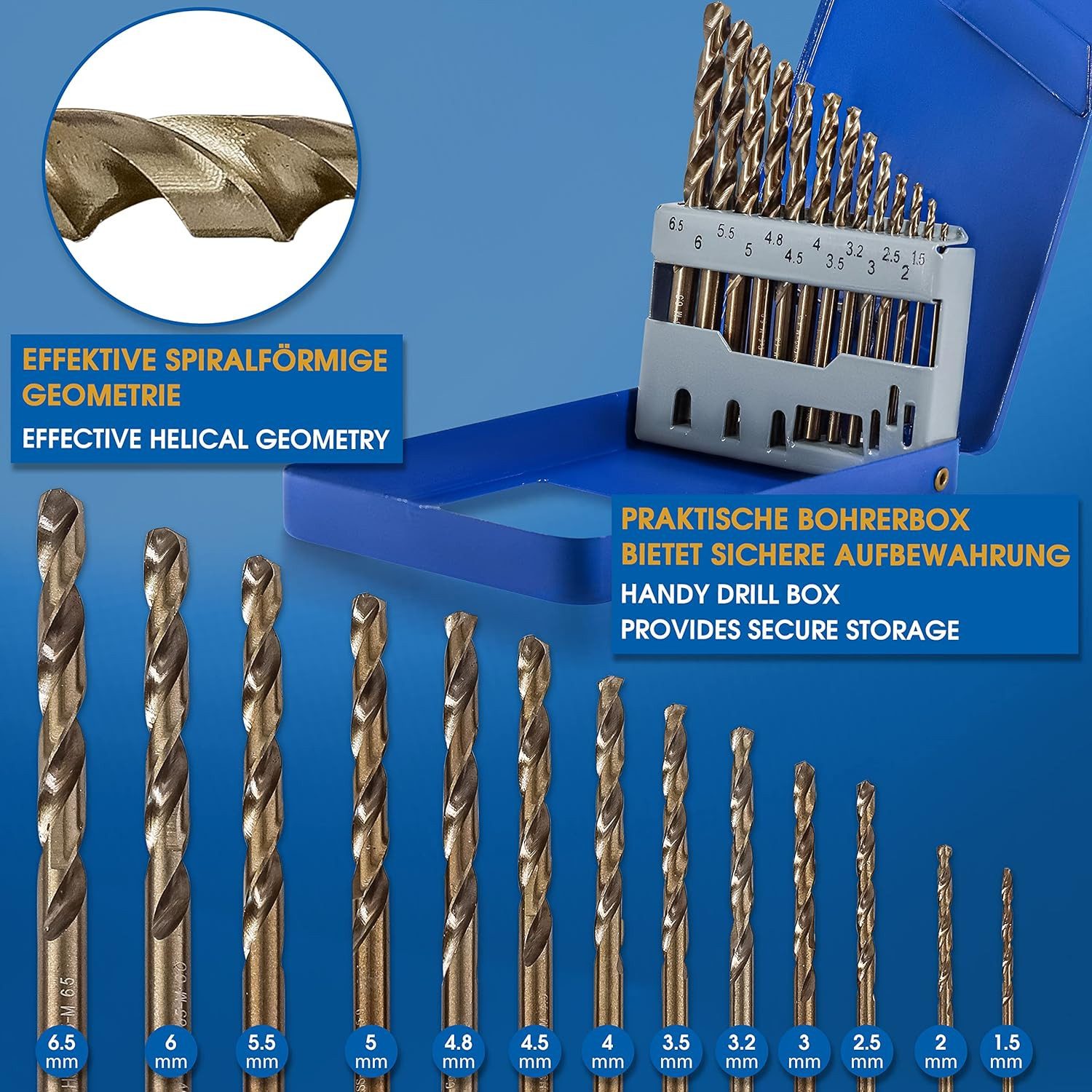 S&R Metallbohrer HSS-G COBALT, DIN 338, Kobaltlegiert, Industrie-Qualität, C-Schliff, (Set, 13-tlg: 1,5-6,5 mm), nach DIN 1412, 135°, geschliffen, Spiralbohrer,Stahl-Edelstahl-Bohrer