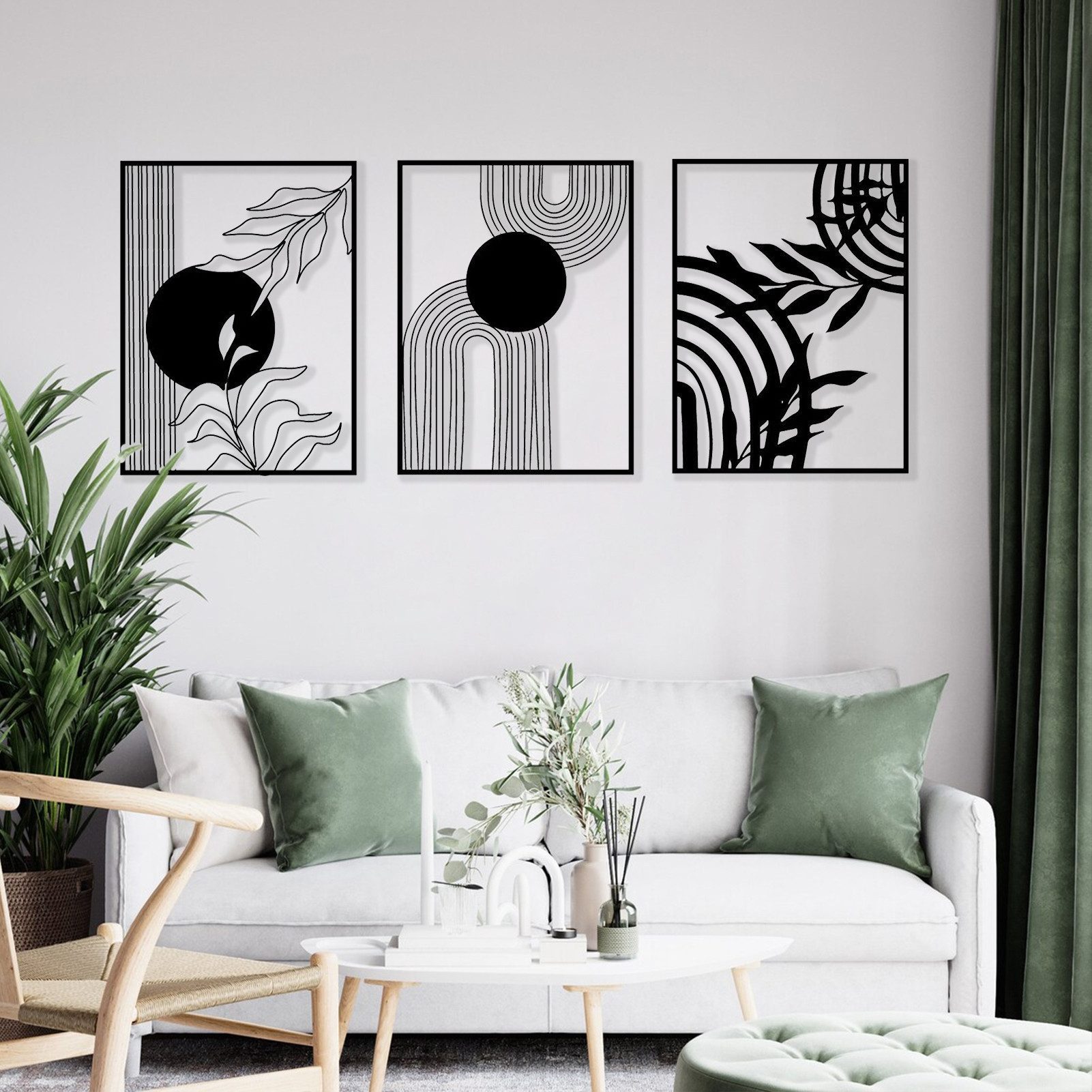 Jumpeak Wanddekoobjekt Metall Wanddeko Set 3-teilig, Modern Geometrisch-Florales Design, Stylisches Wohnaccessoire für Modernes Interieur,Geschenk zum Einzug