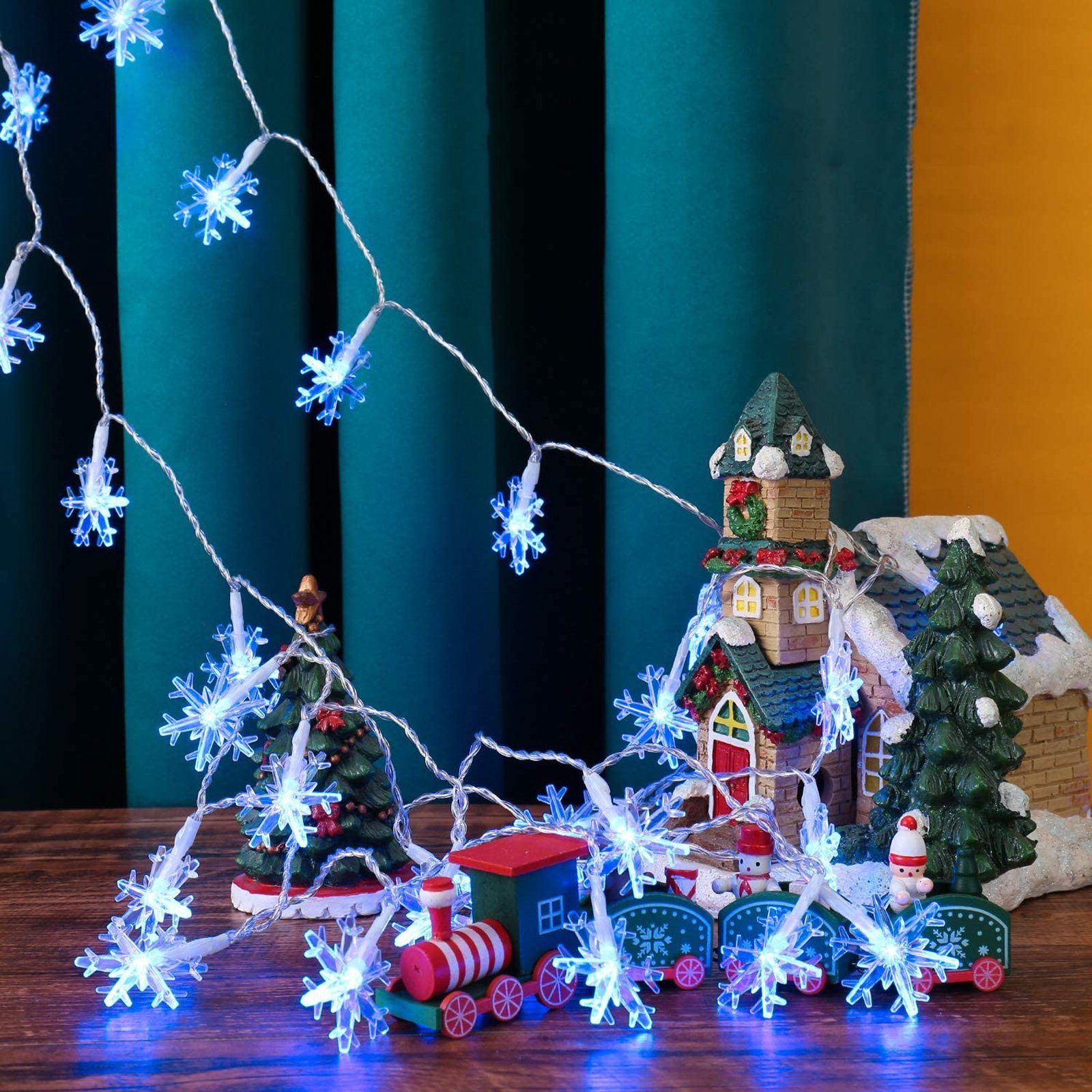 Rosnek LED-Lichterkette Lichtervorhang,Schneeflocke,Batteriebetriebene, Weihnachten Blau Deko