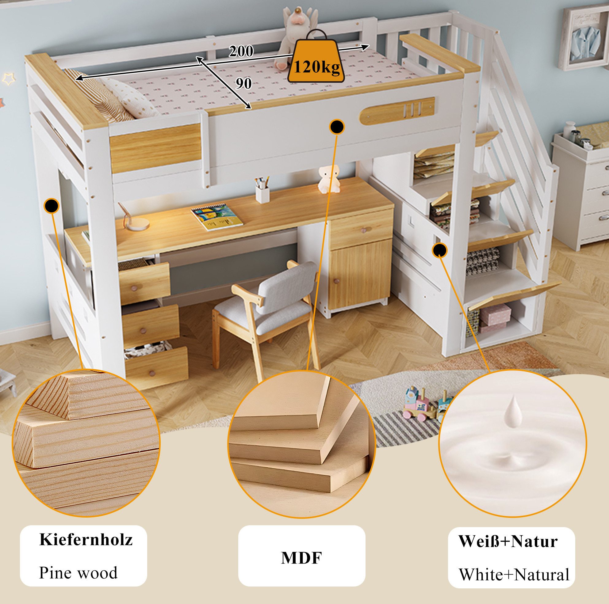 MODFU Hochbett Jugendbett mit Schreibtisch und praktischen Ablagen (Holzbett 90x200 cm, mit Treppenregal, Schubladen und viel Stauraum, Kinderbett Stauraumbett) Inklusive Matratze