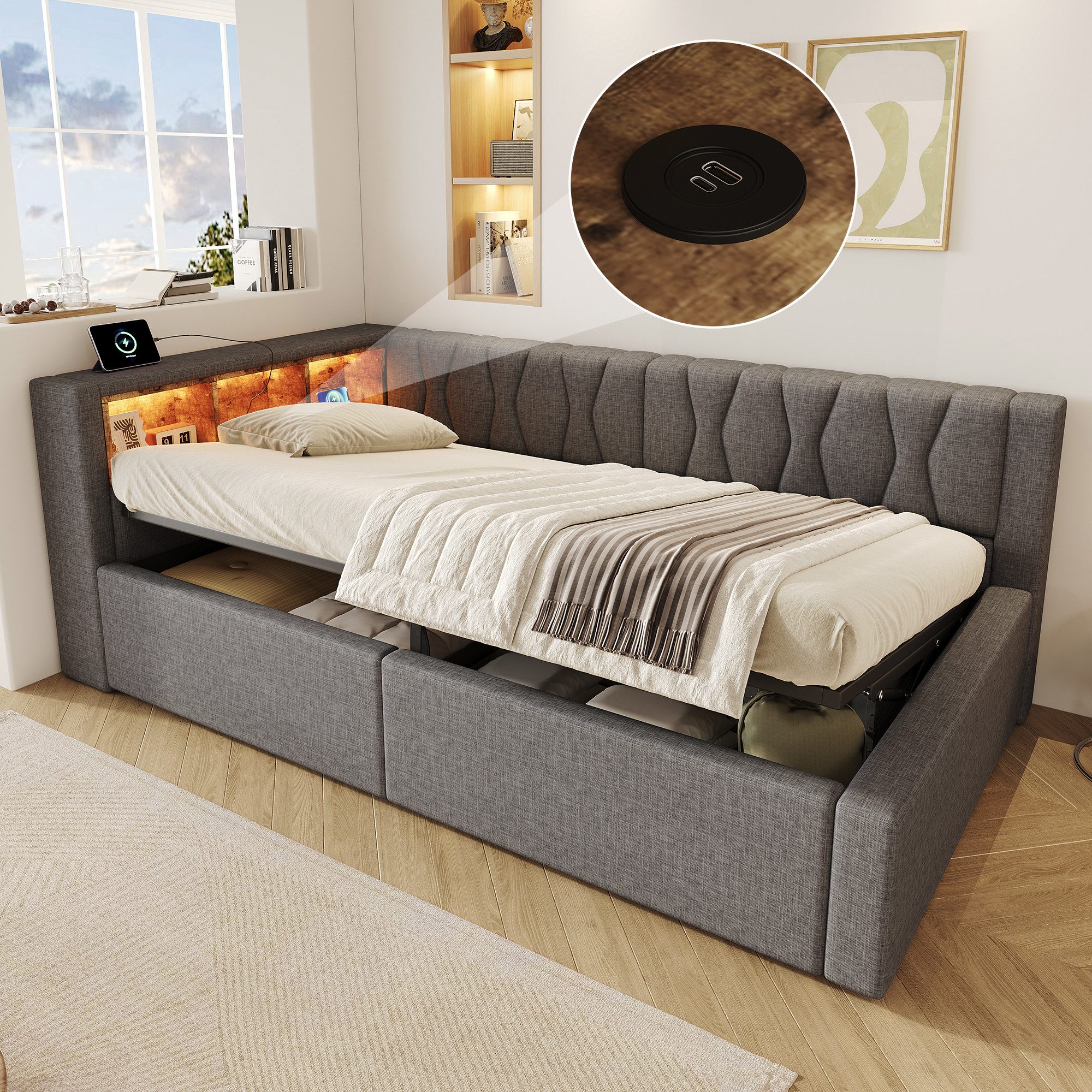 Merax Daybett mit LED-Beleuchtung, Schlafsofa Polsterbett mit hydraulischem Stauraum (1 tlg), Tagesbett 90x200cm mit Seitenregalen und USB-Anschluss, Leinenbezug