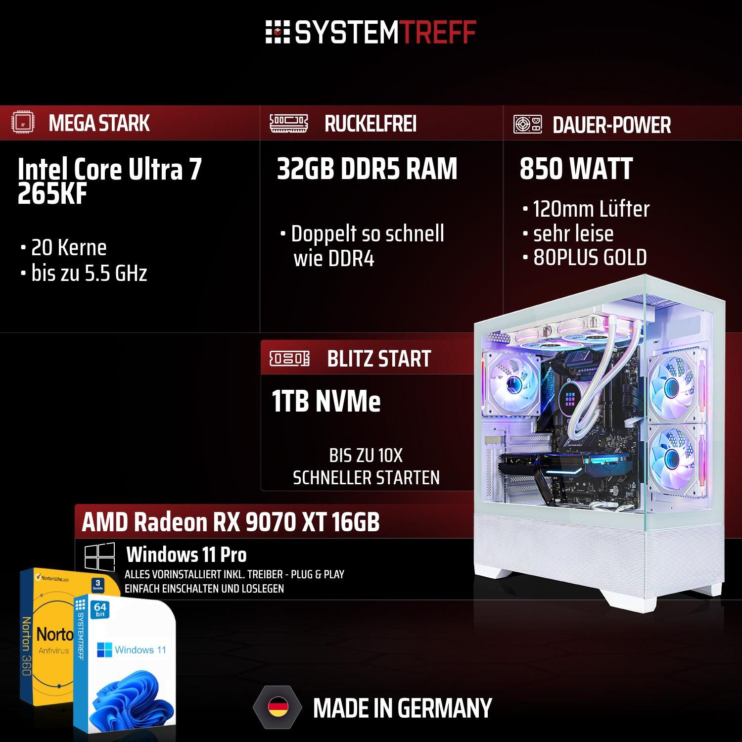 SYSTEMTREFF Intel Core Ultra 7 265KF mit AMD Radeon RX 9070 XT 16GB Gaming-PC (Intel 265KF 265KF, Radeon RX 9070 XT, 32 GB RAM, 1000 GB SSD, Wasserkühlung)
