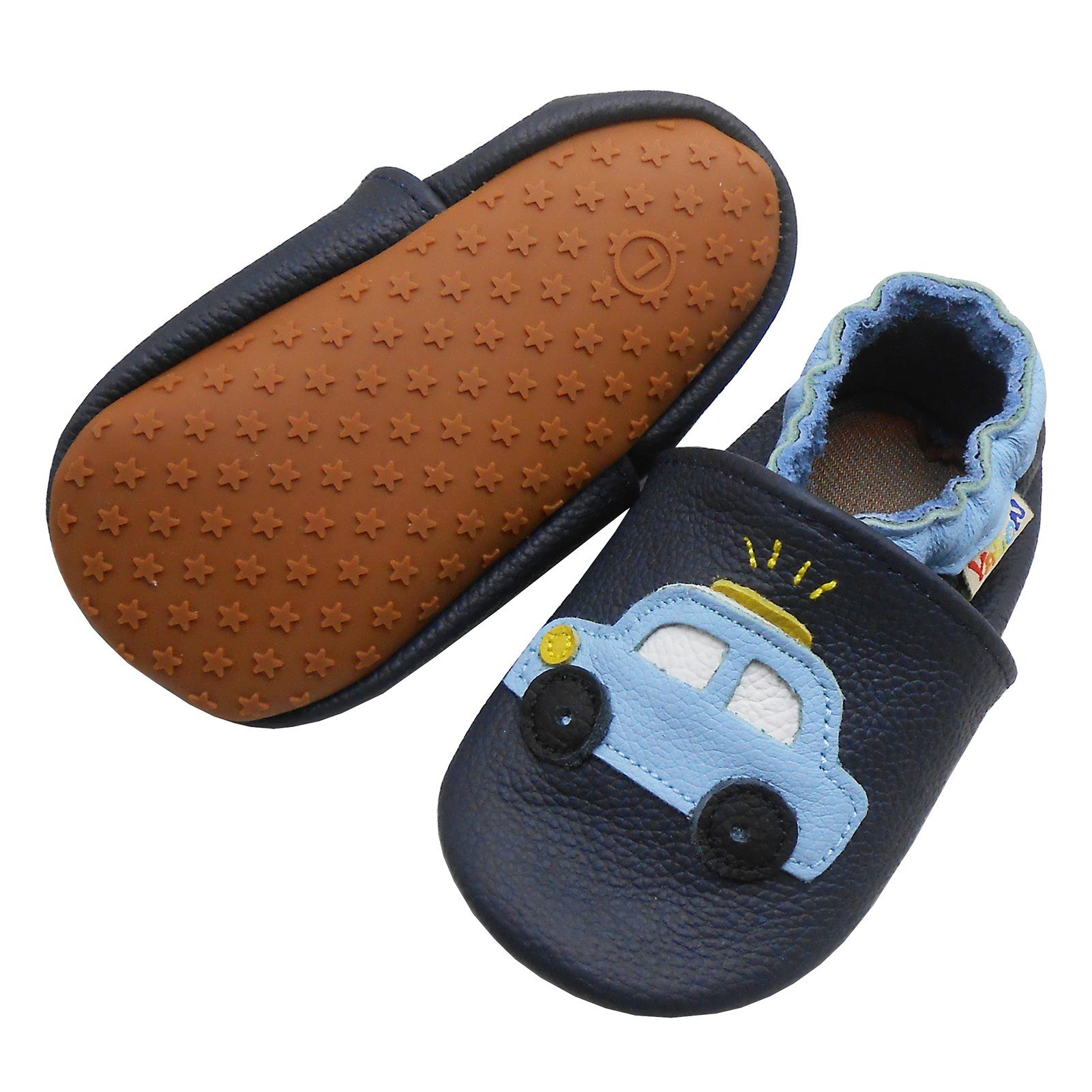 Weiche Leder Lauflernschuhe Hausschuhe Lederpuschen Auto Dunkelblau Krabbelschuh