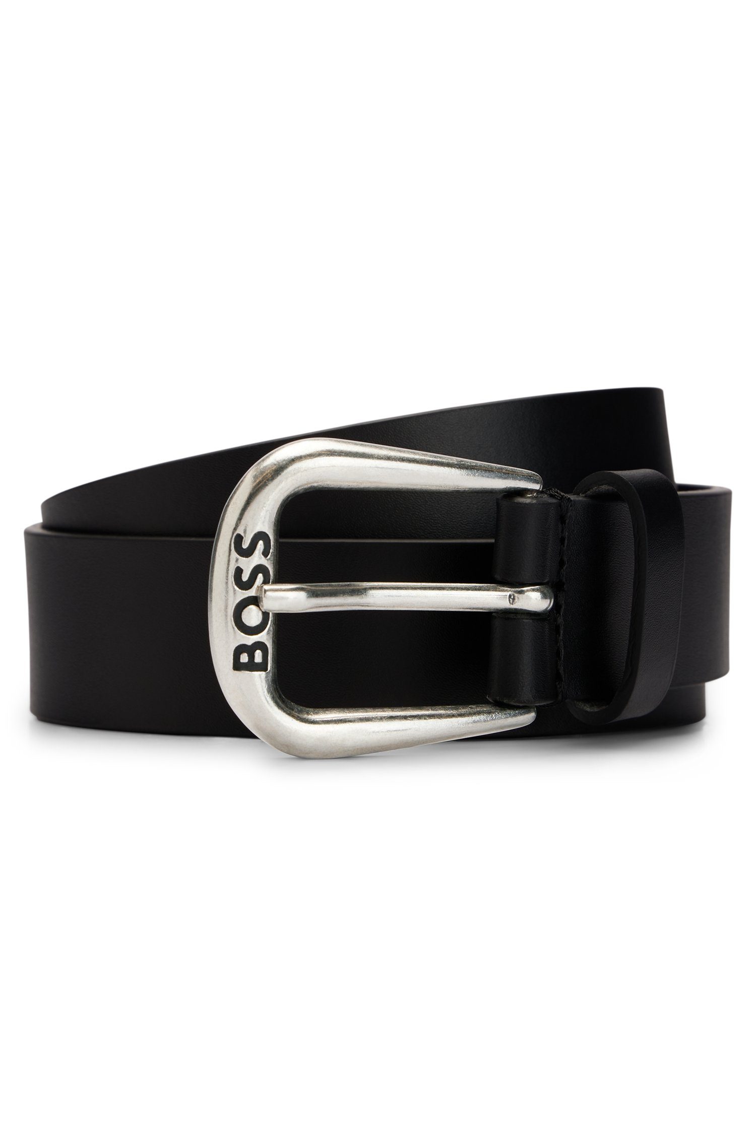 Boss-Prägung auf der BOSS Nala_Sz30 mit black-001 Ledergürtel Schließe