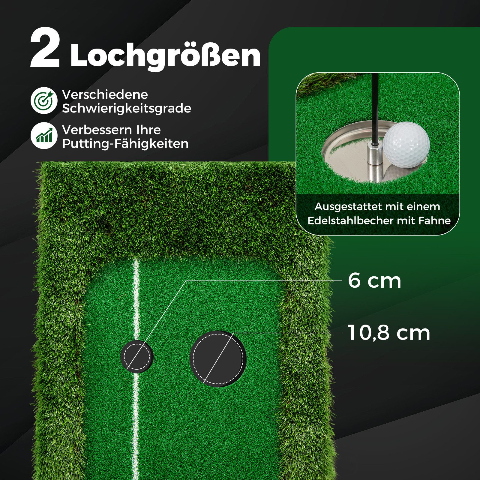 COSTWAY Puttingmatte, Putting Green mit 3 Golfbällen & 2 Lochgrößen, 300 x 50 cm