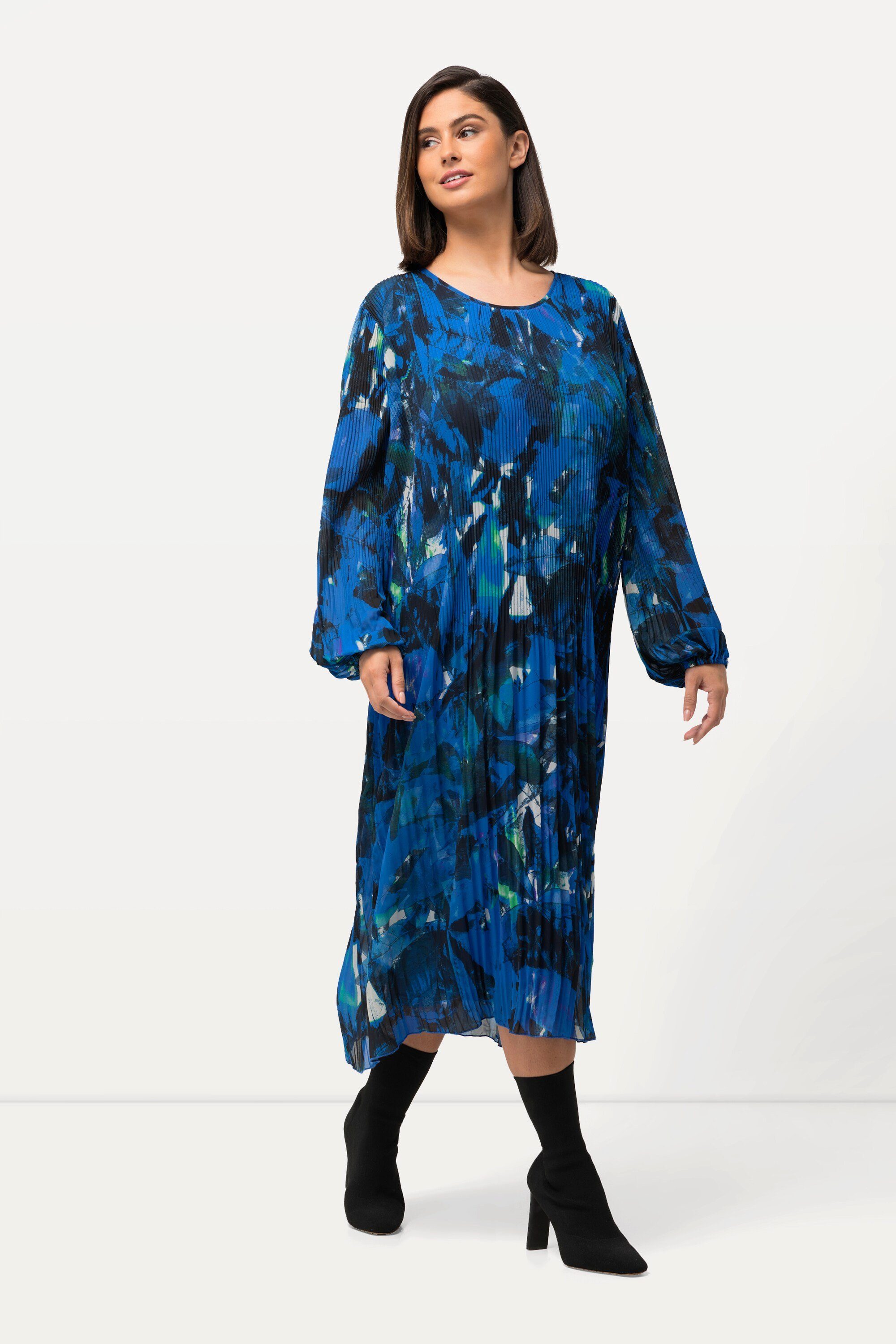 Midikleid Plissee-Kleid Blätter A-Linie Rundhals Langarm