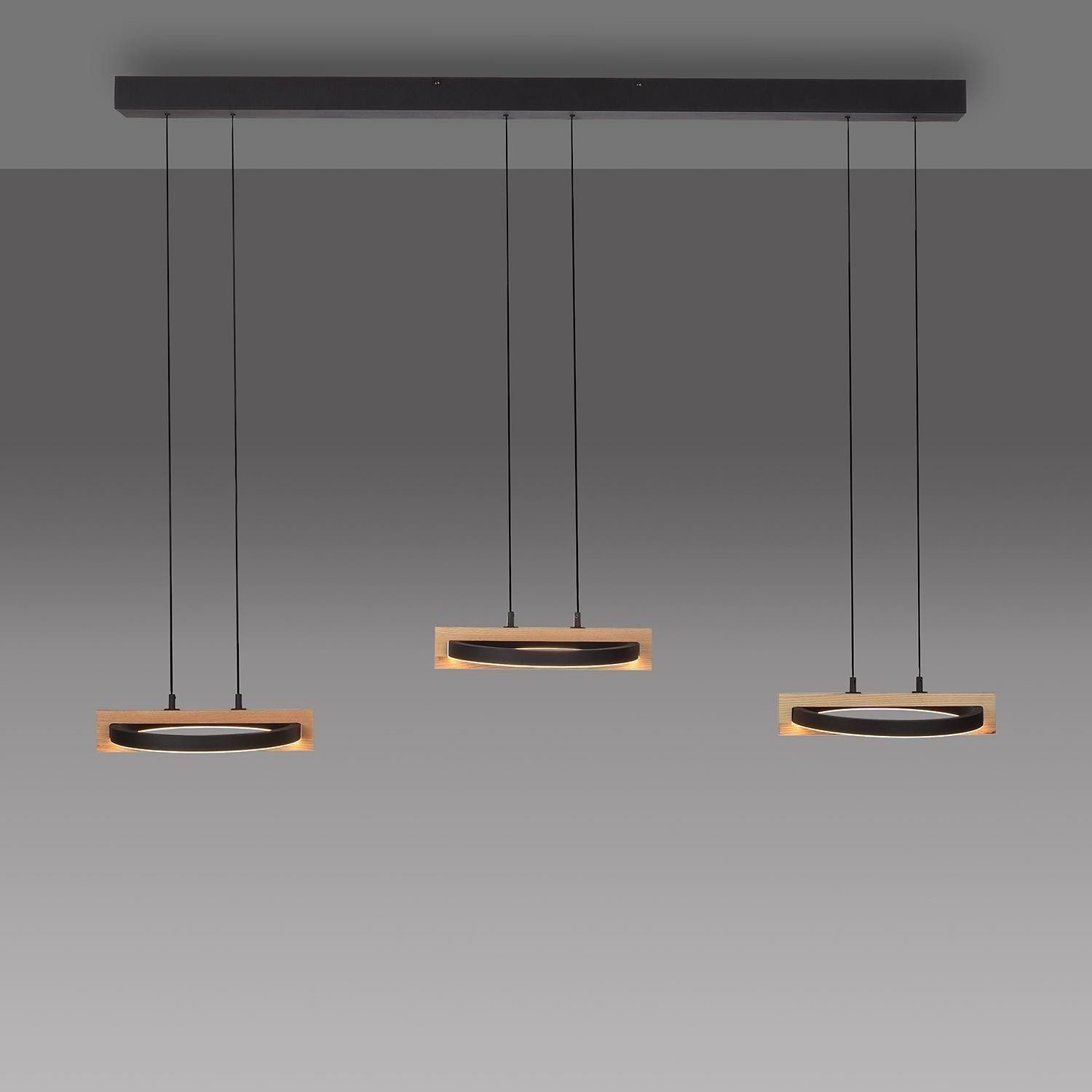 MONDO LED Pendelleuchte FAMERA, 6-flammig, Braun, Schwarz, Eichenholz, Anpassung der Farbtemperatur, Dimmfunktion, LED fest integriert, Metall, Höhenverstellbar, mit Fernbedienung, 135 x 200 cm