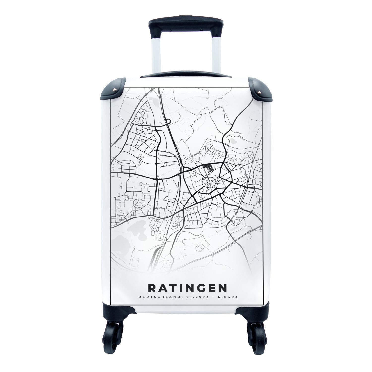 MuchoWow Handgepäckkoffer Ratingen - Karte - Stadtplan, 4 Rollen, Reisetasche mit rollen, Handgepäck für Ferien, Trolley, Reisekoffer