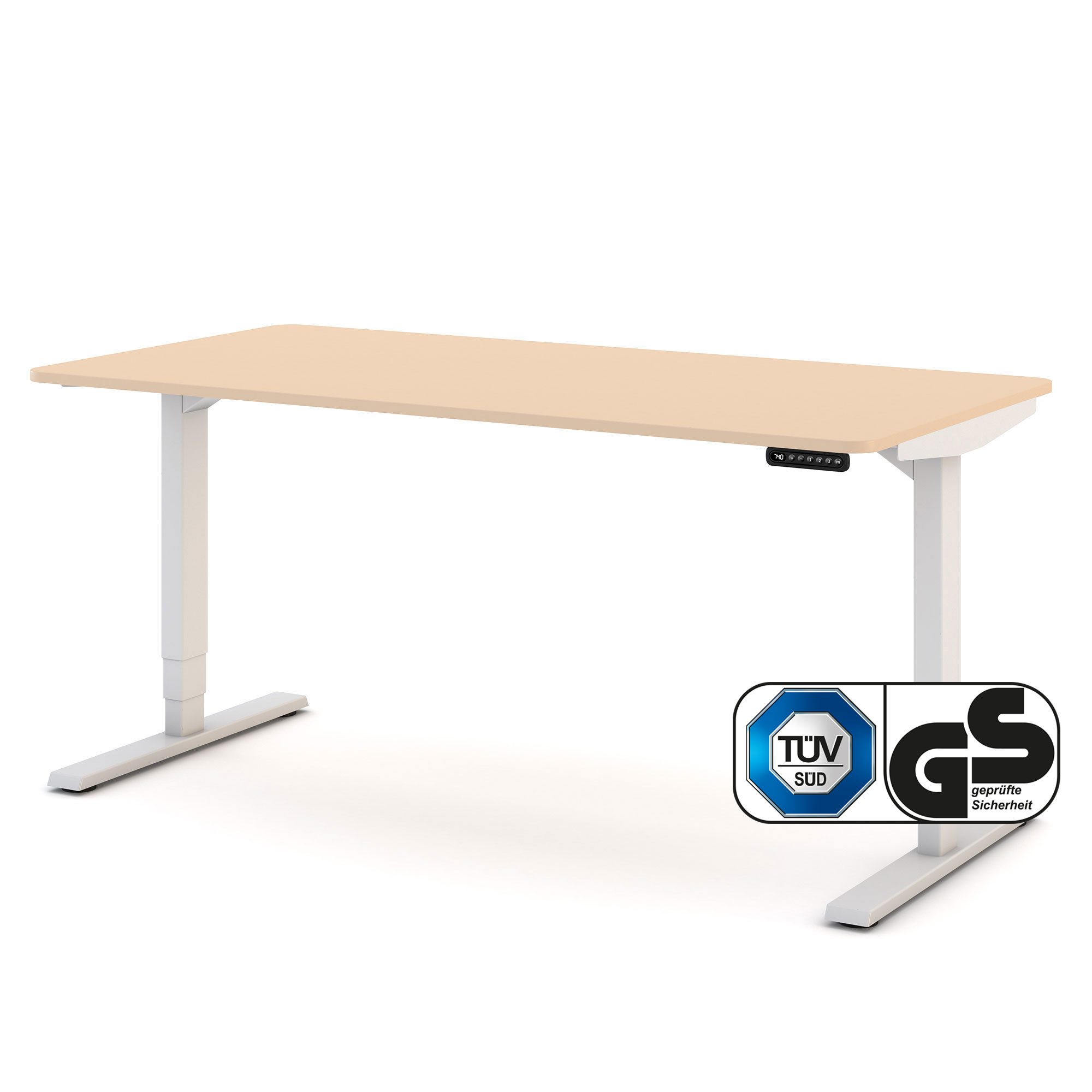 ASSMANN Büromöbel Schreibtisch Y-LINE Curved (140x70cm Weiß Sand Kollisions-Schutz, Elektrisch höhenverstellbar, Kindersicherung 2-fach-Motorik Doppelhub, einfache Montage, für Büro und Homeoffice), TÜV-zertifiziert, Blauer Engel, 5 Jahre Herstellergarantie